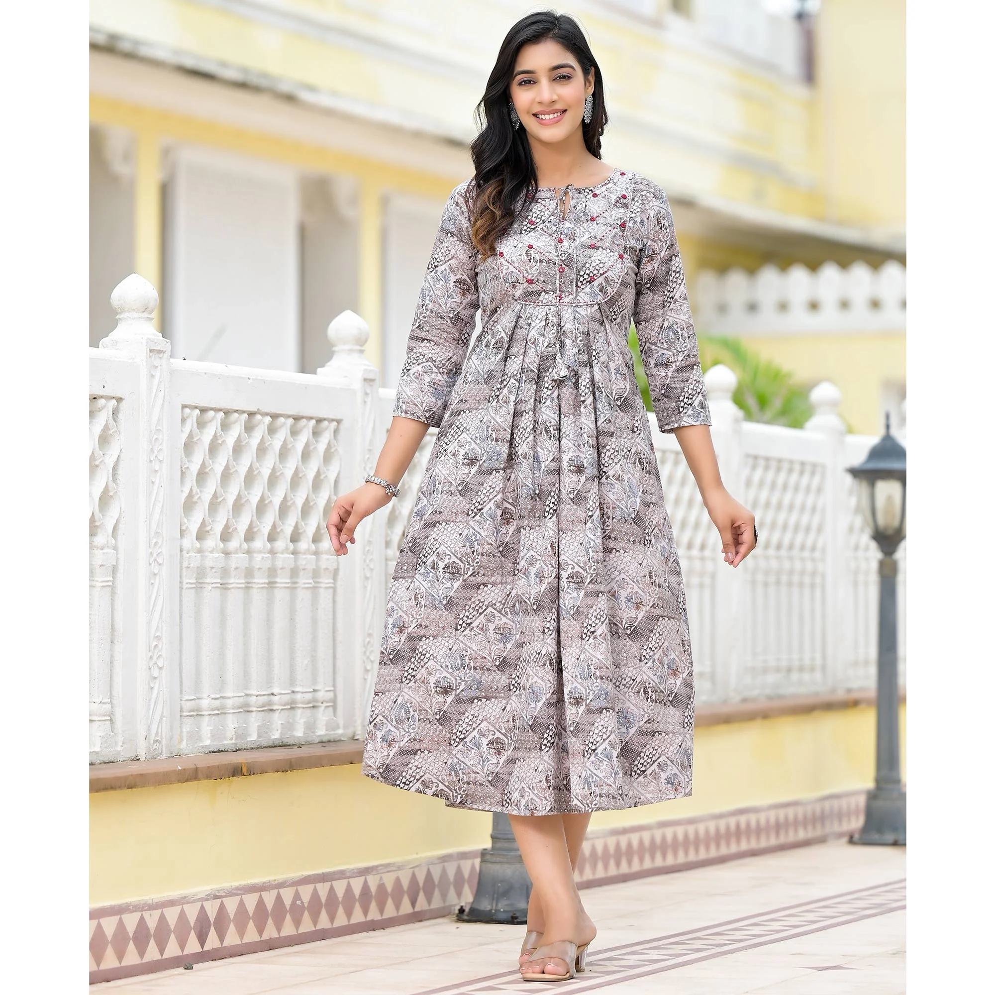 Grey Floral Printed Pure Cotton A-Line Dress - Image 6