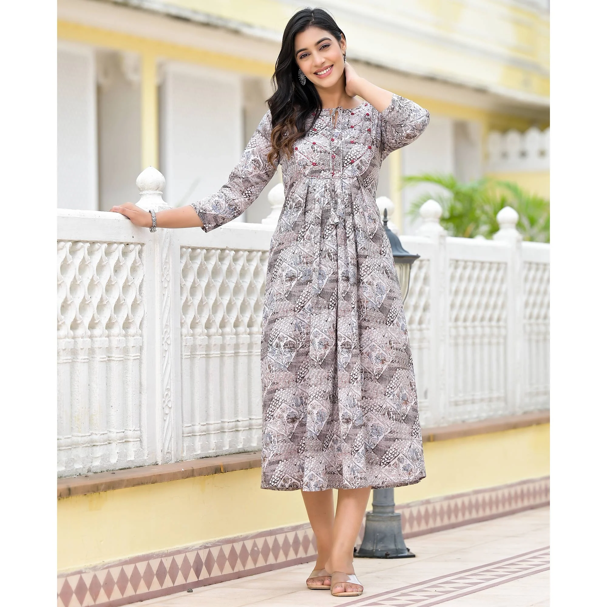 Grey Floral Printed Pure Cotton A-Line Dress - Image 7