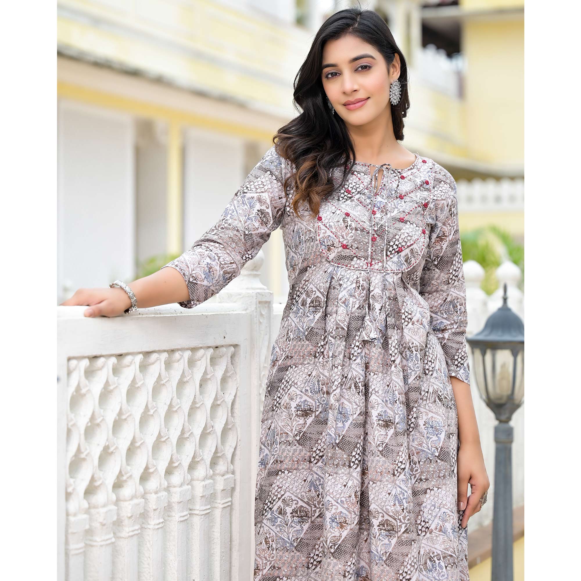 Grey Floral Printed Pure Cotton A-Line Dress - Image 9