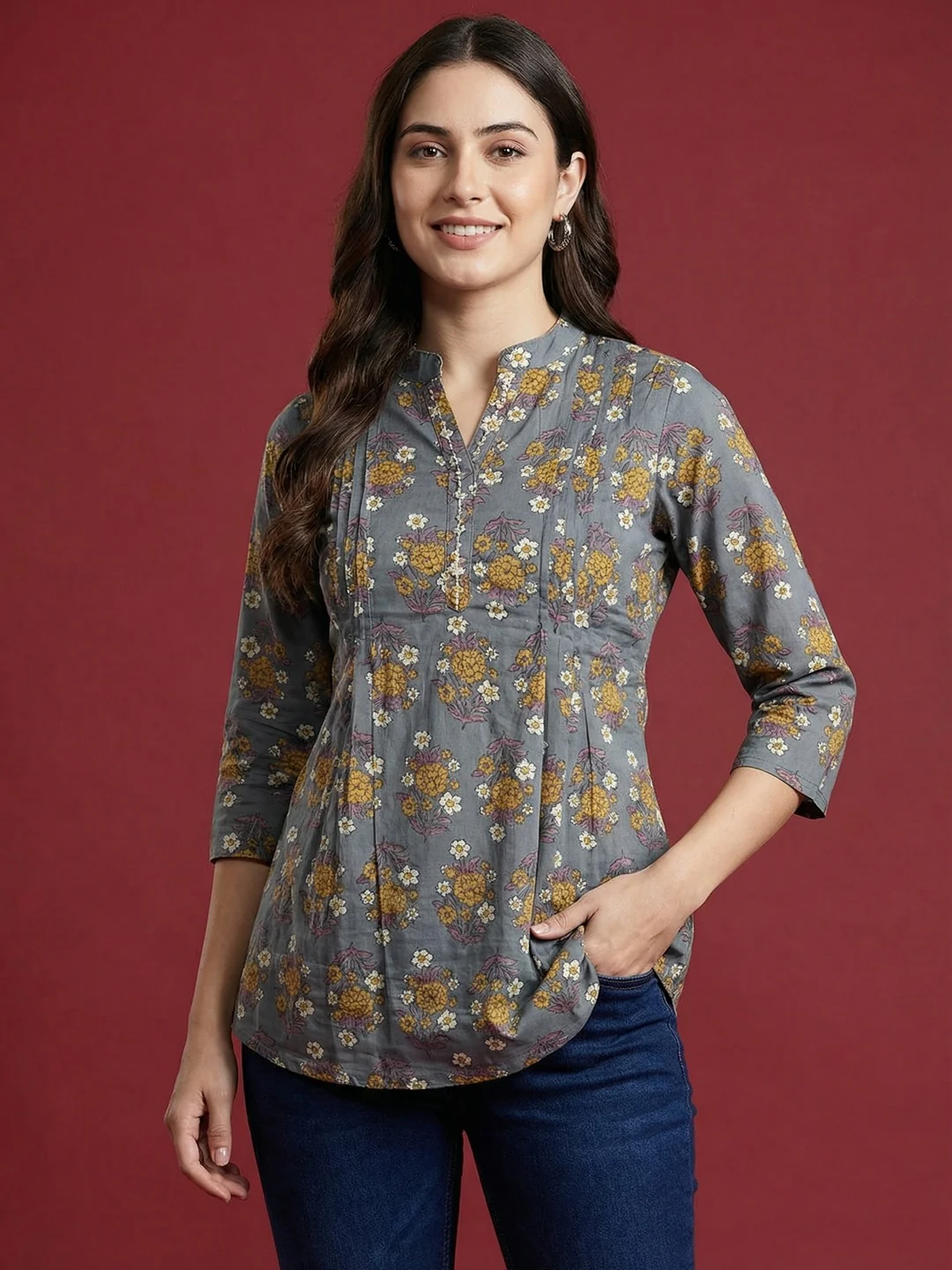 Grey Floral Printed Pure Cotton A-Line Top with Breathable Comfortable Fabric