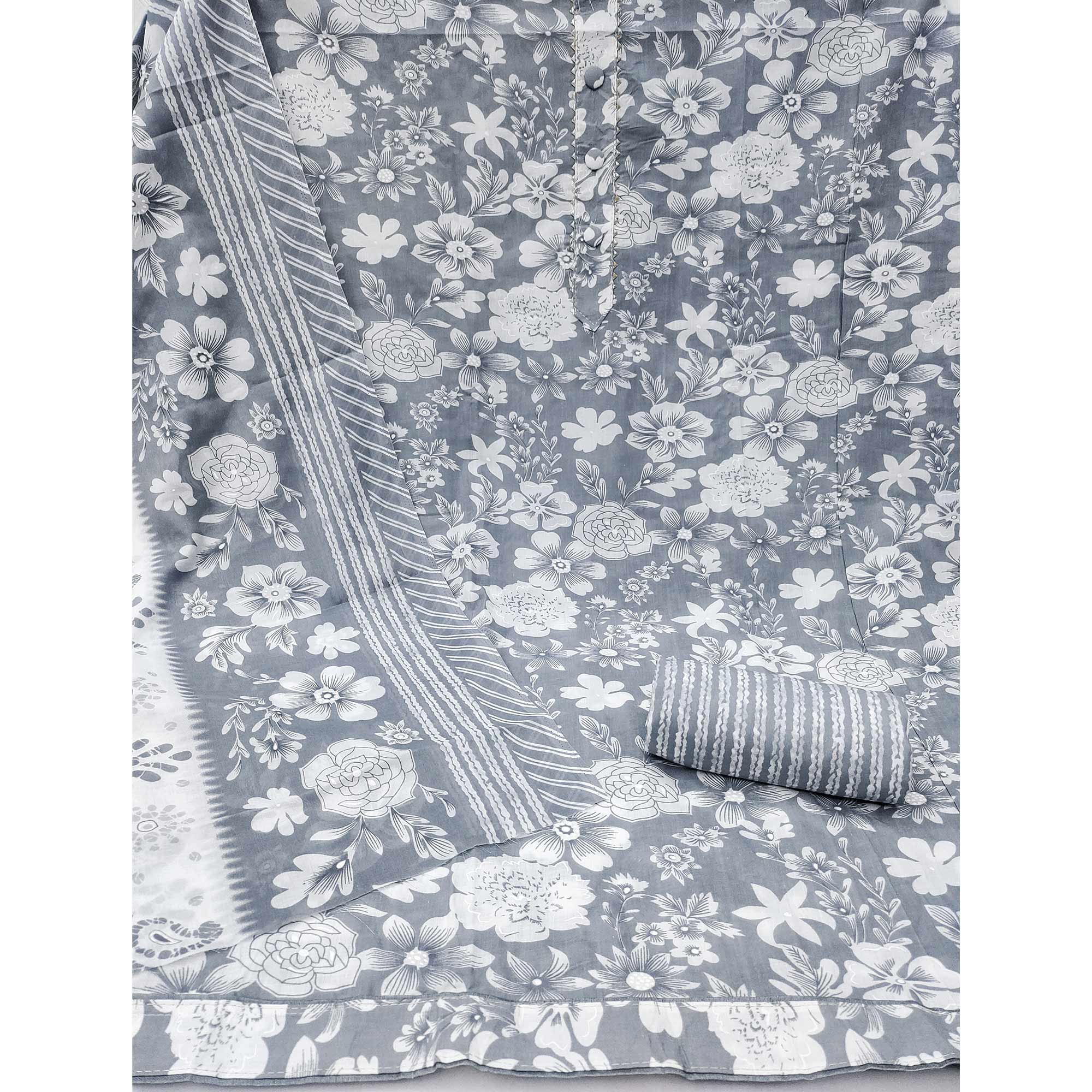 Grey Floral Printed Pure Cotton Dress Material With A Fresh Elegant Appeal - Image 3