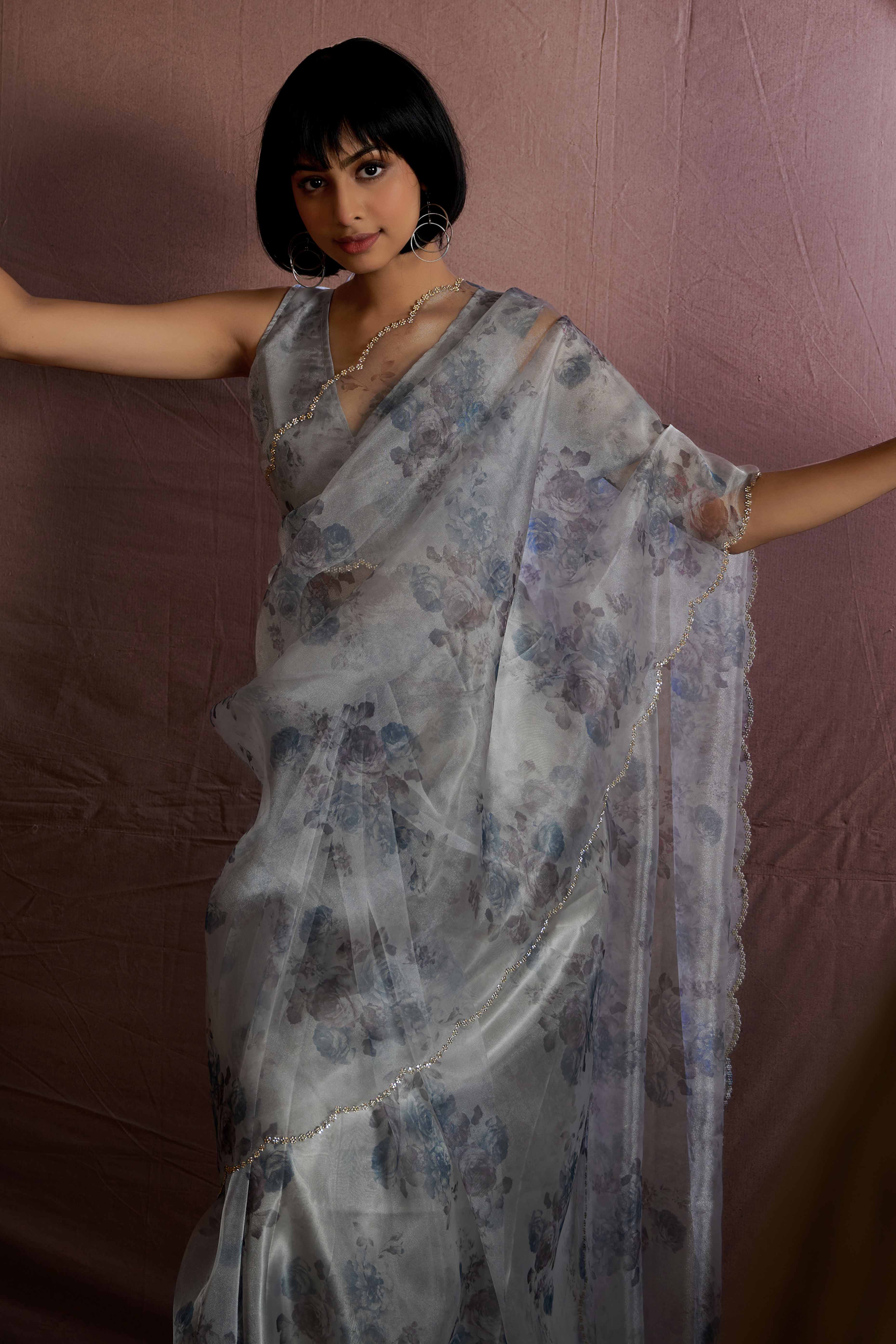 Grey Floral Printed Soft Organza Saree With Stone Work Border - Image 5