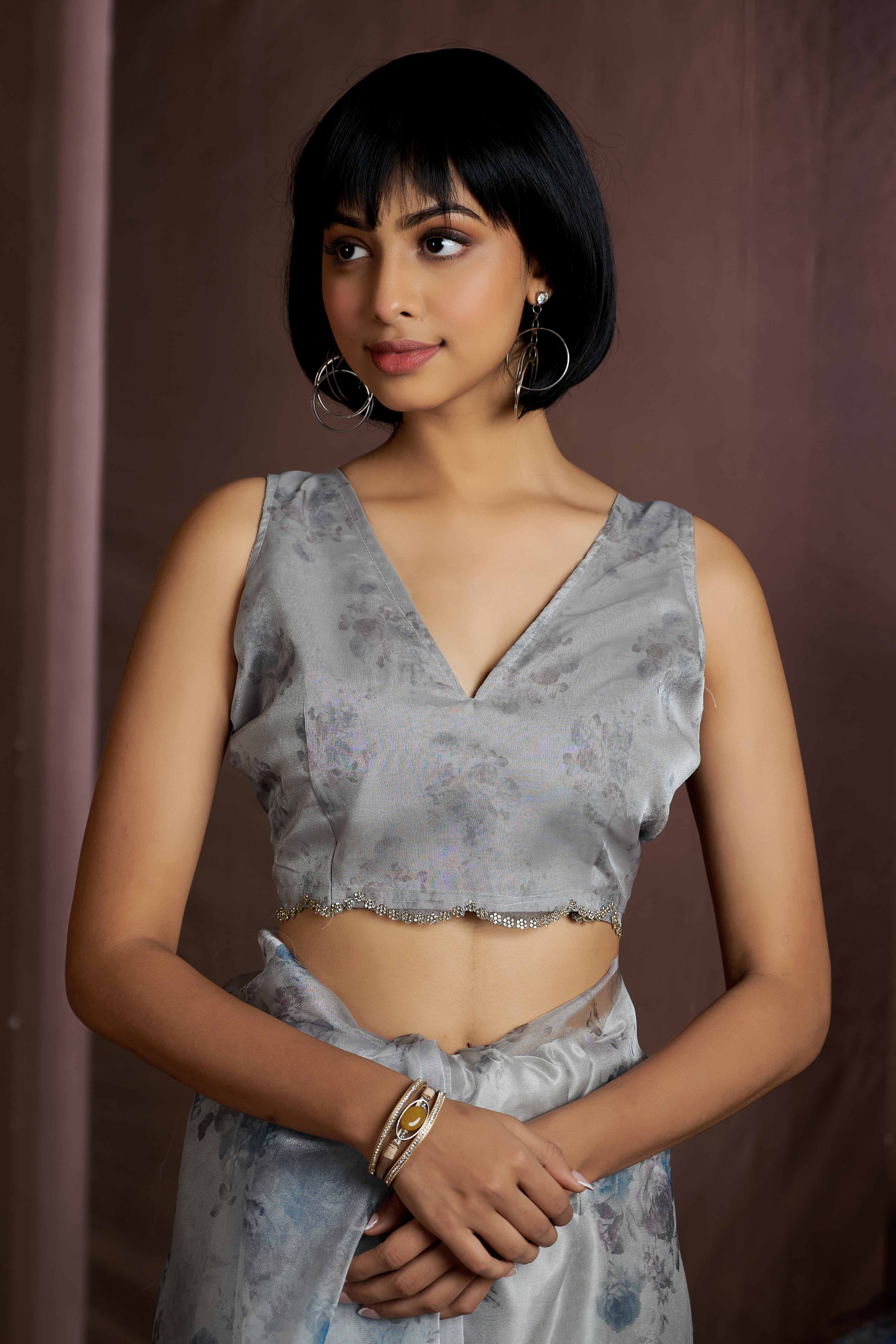 Grey Floral Printed Soft Organza Saree With Stone Work Border - Image 6