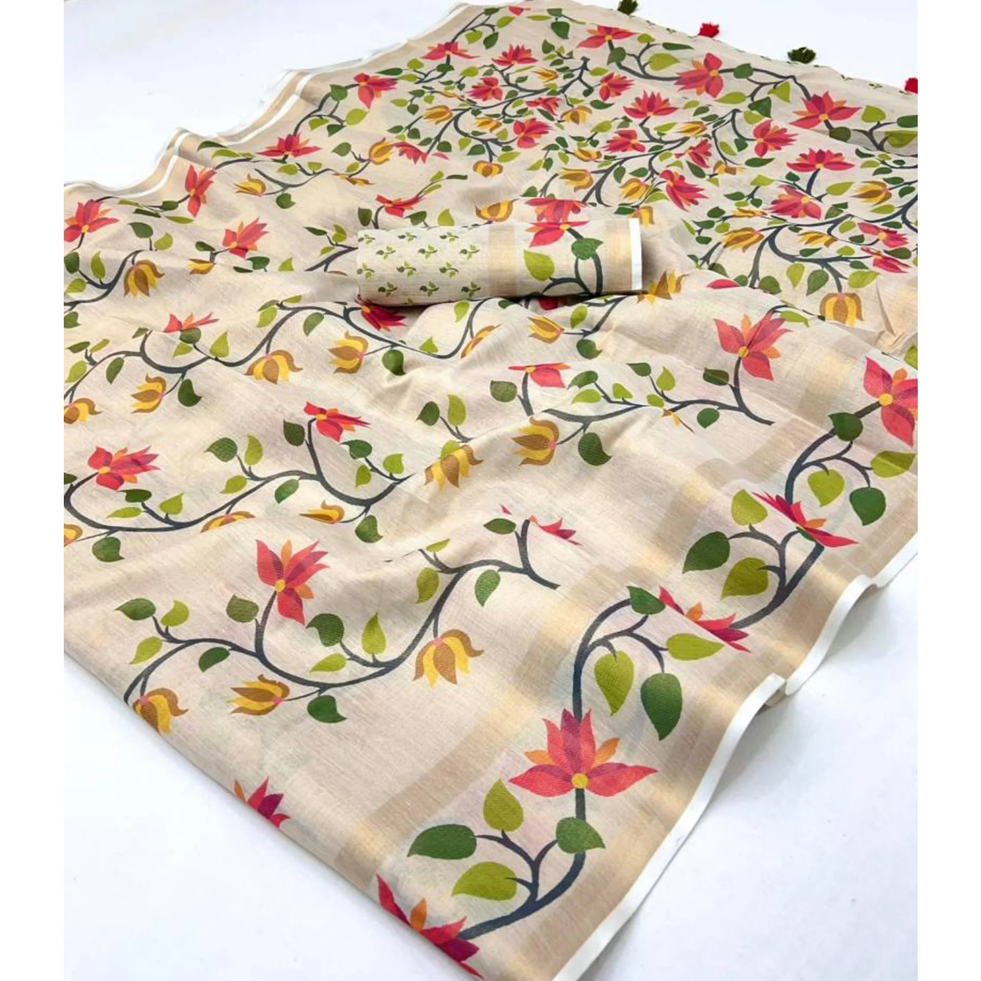 Grey Floral Printed Tissue Cotton Silk Saree Enhanced with a Classic Zari Weaving Border - Image 3
