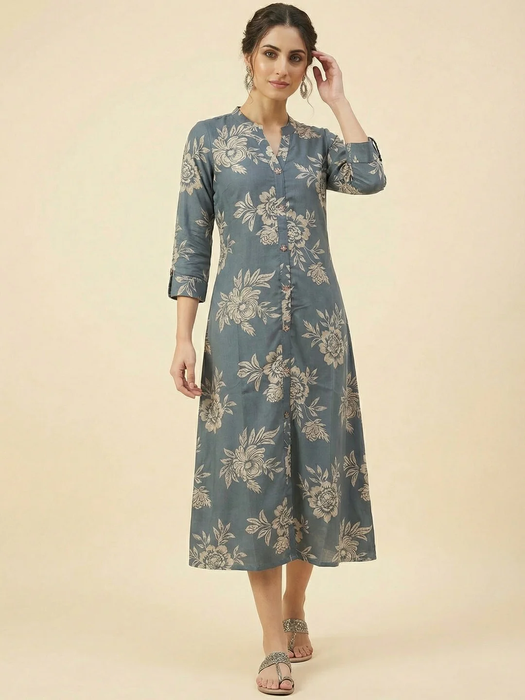 Grey Floral Printed Viscose A-Line Casual Dress with Comfortable Fit