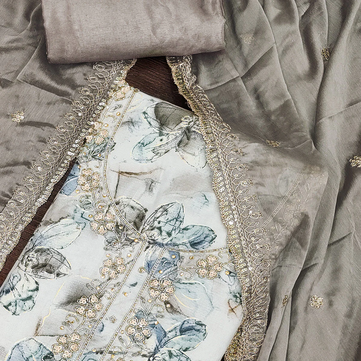 4Grey Floral Printed With Handwork Pure Cotton Dress Material - Image 2