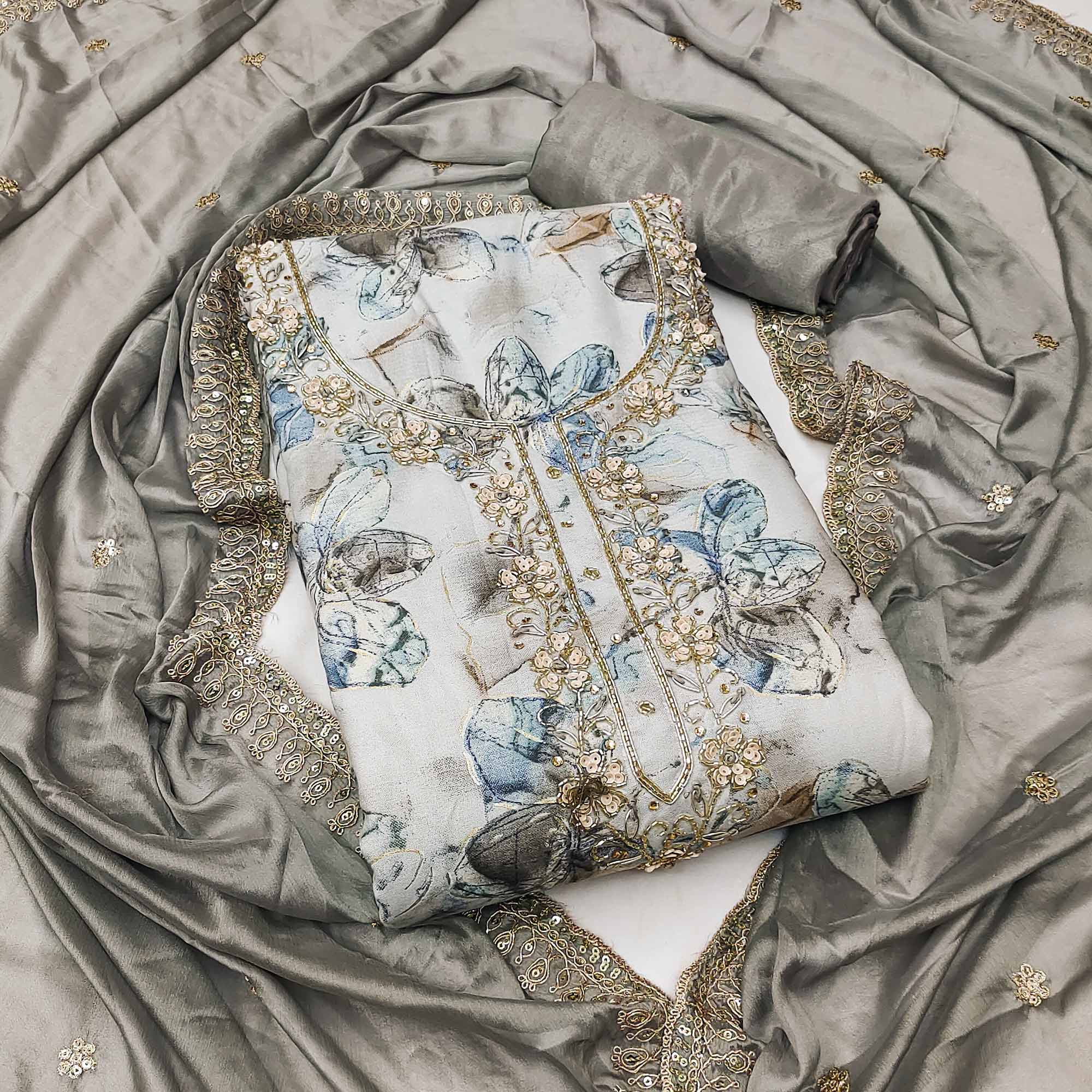 4Grey Floral Printed With Handwork Pure Cotton Dress Material - Image 3