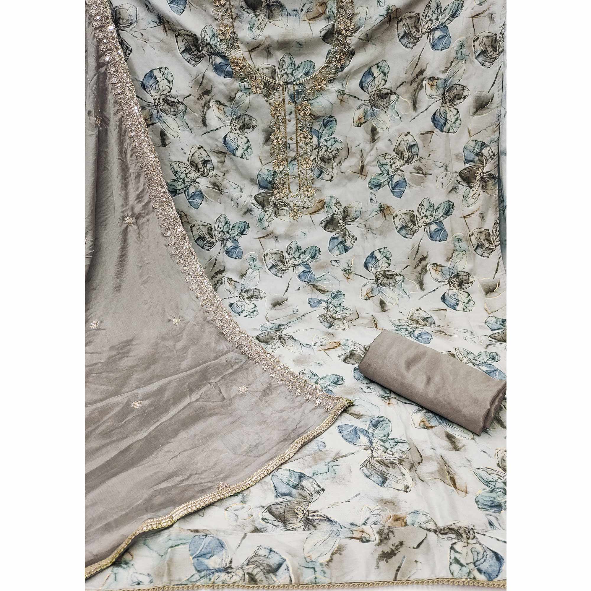 4Grey Floral Printed With Handwork Pure Cotton Dress Material - Image 4