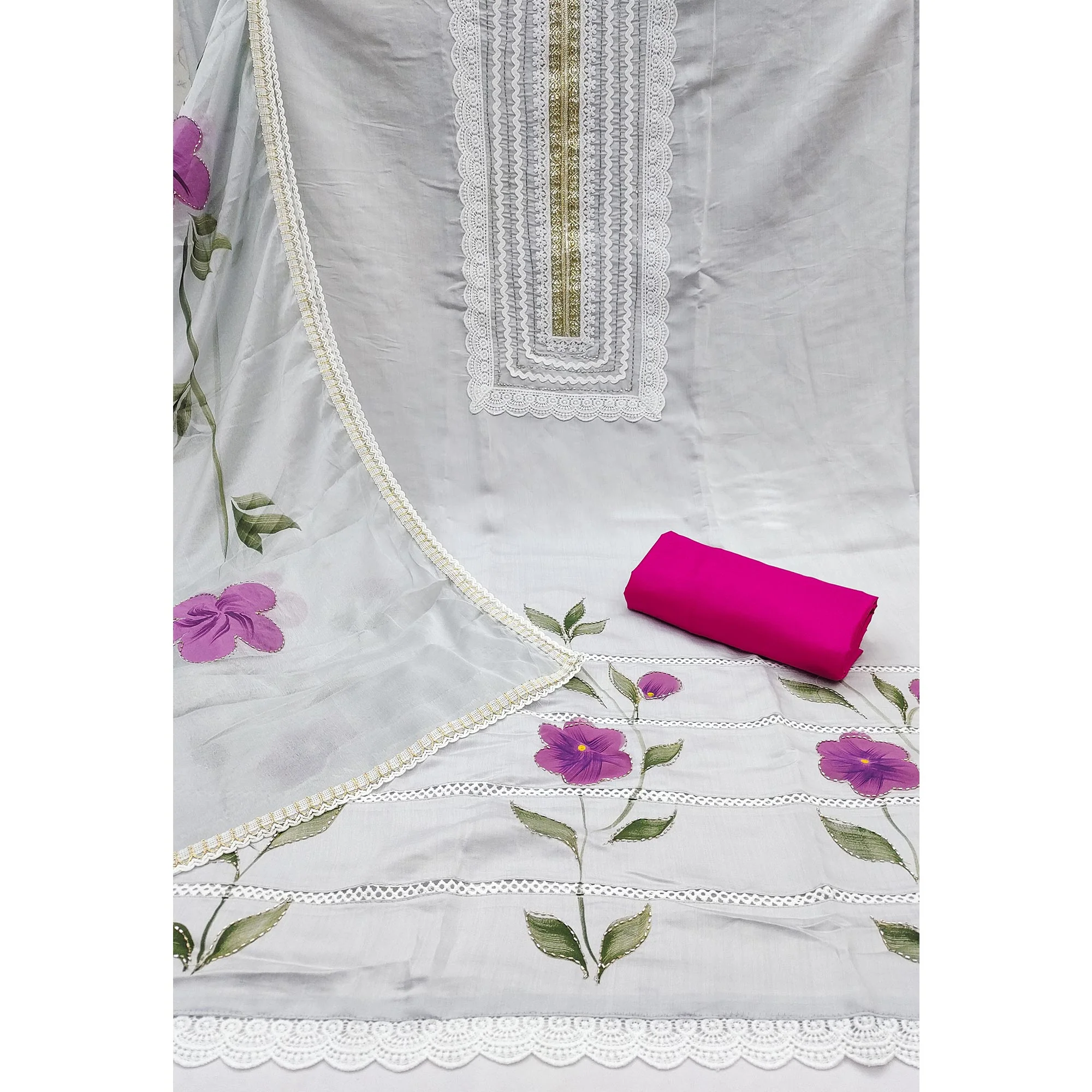 Grey Floral Printed With Intricate Handwork Embroidered Cotton Silk Dress Material - Image 4