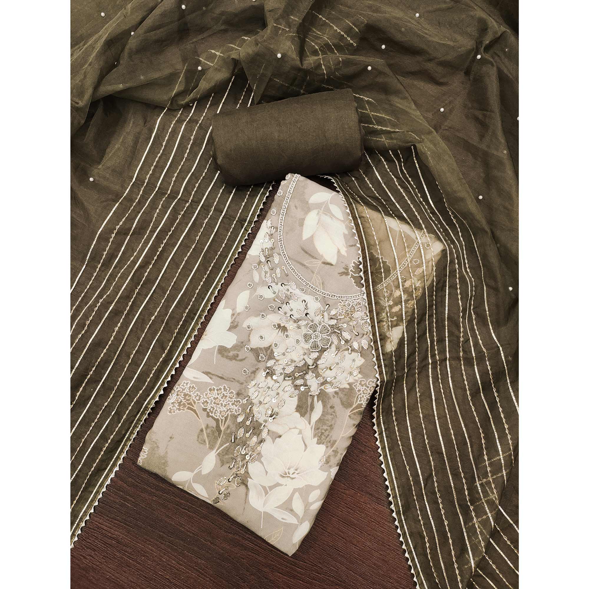 Grey Floral Printed With Intricate Moti & Sequins Handwork Cotton Silk Dress Material - Image 3