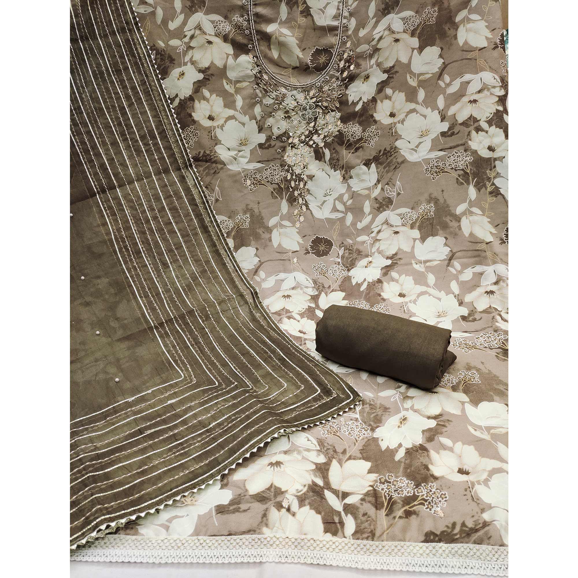 Grey Floral Printed With Intricate Moti & Sequins Handwork Cotton Silk Dress Material - Image 4