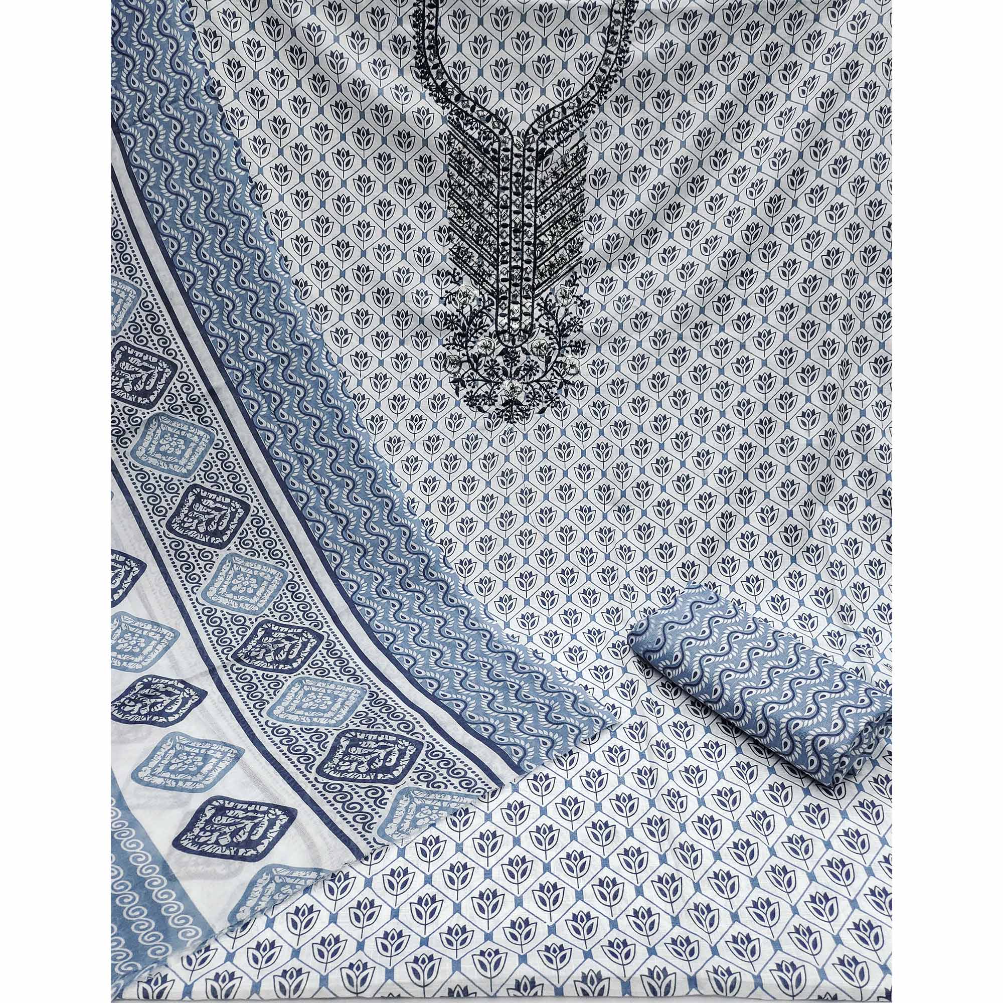 Grey Floral Printed With Sequins Embroidered Pure Cotton Dress Material - Image 2