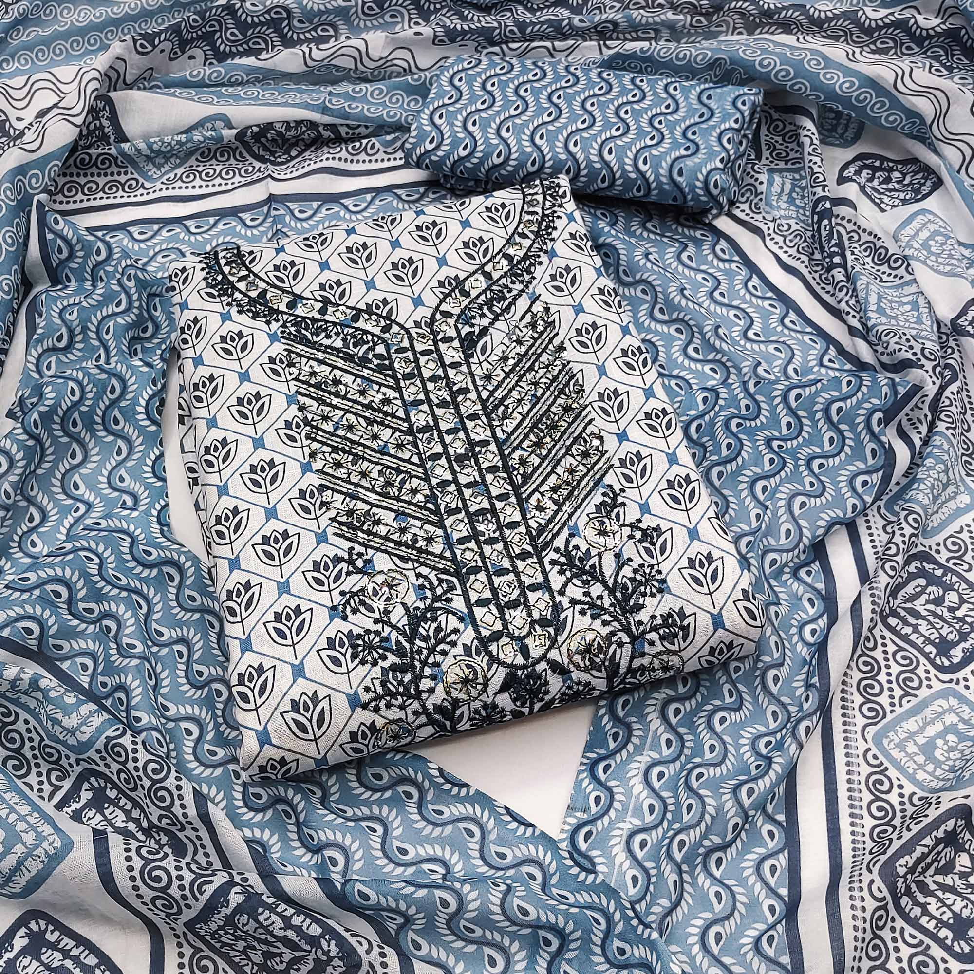 Grey Floral Printed With Sequins Embroidered Pure Cotton Dress Material - Image 3