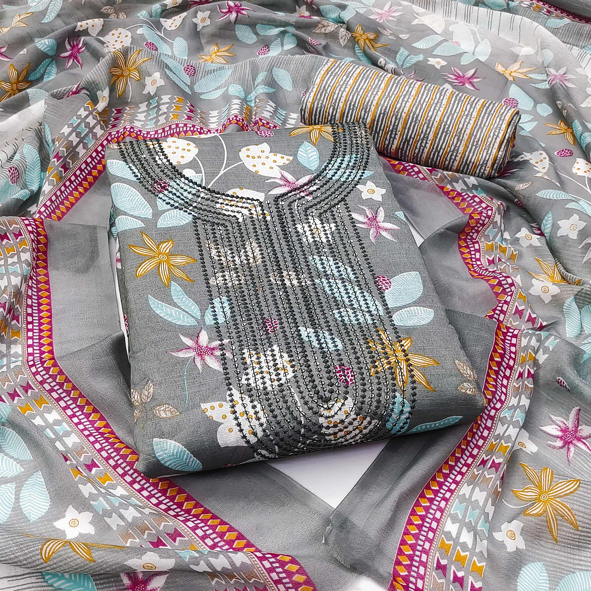 Grey Floral Printed With Sequins Embroidered Pure Cotton Dress Material - Image 3