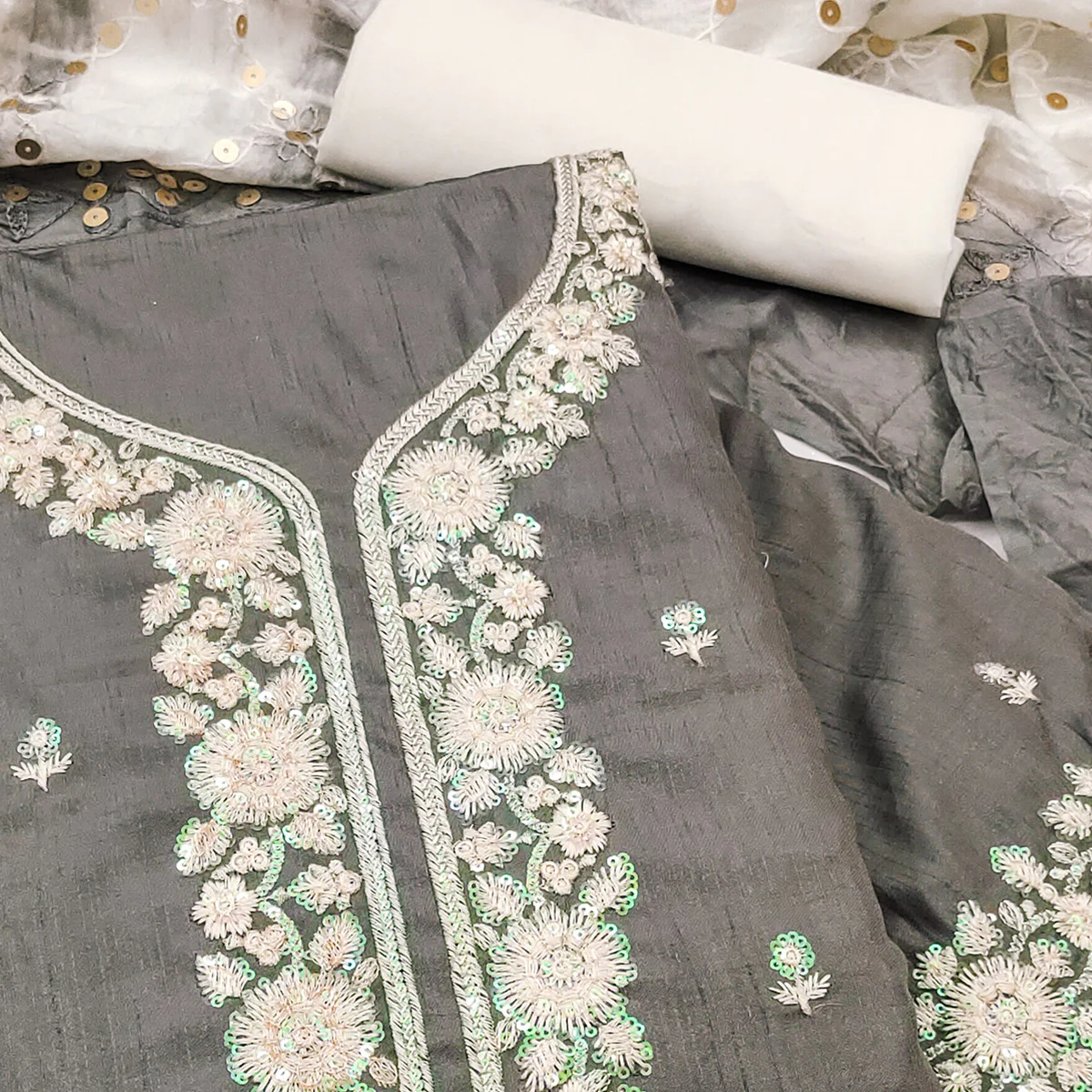 Grey Floral Sequins Embroidered Art Silk Dress Material - Image 2