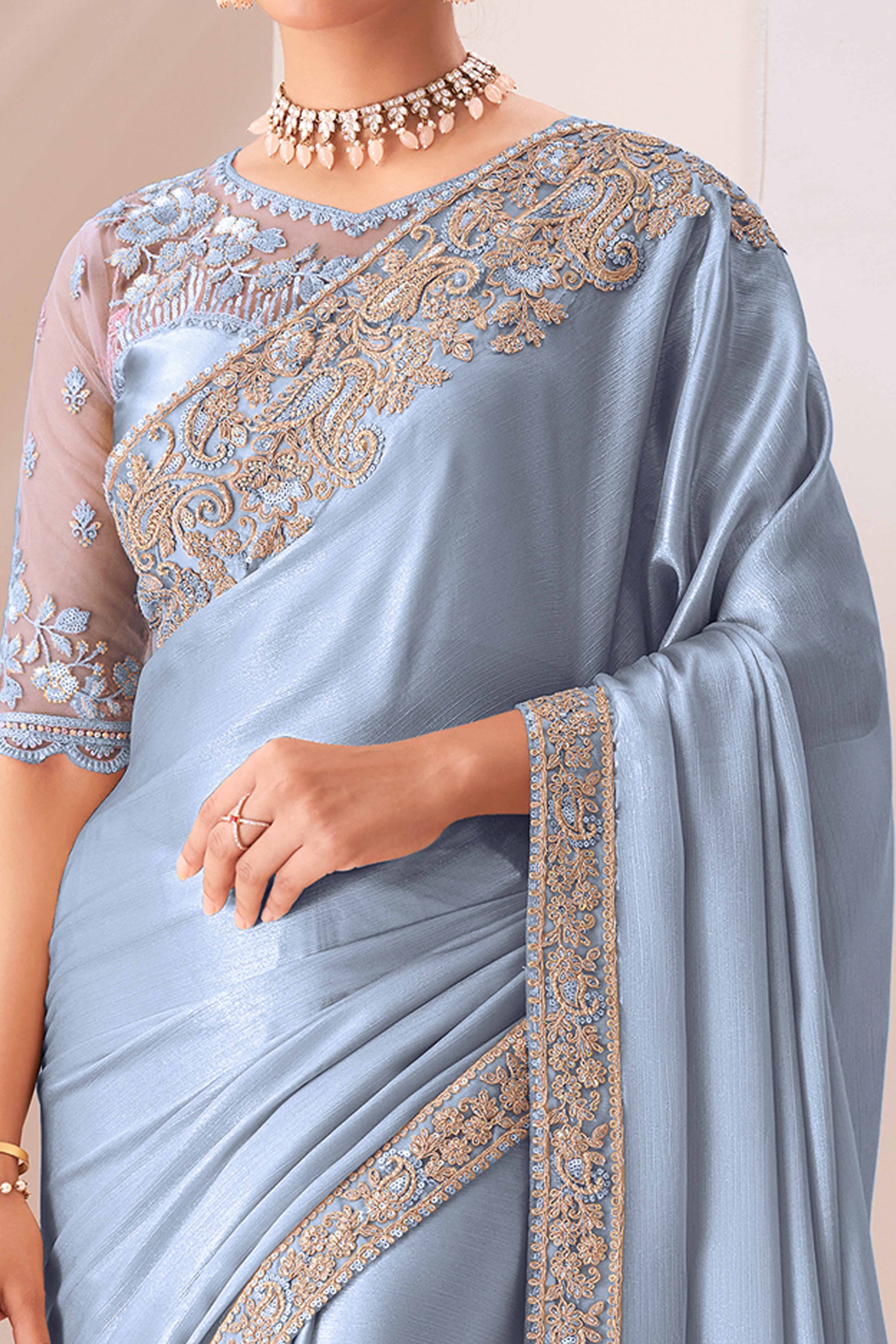 Grey Floral Sequins Embroidered Chiffon Saree - Image 2
