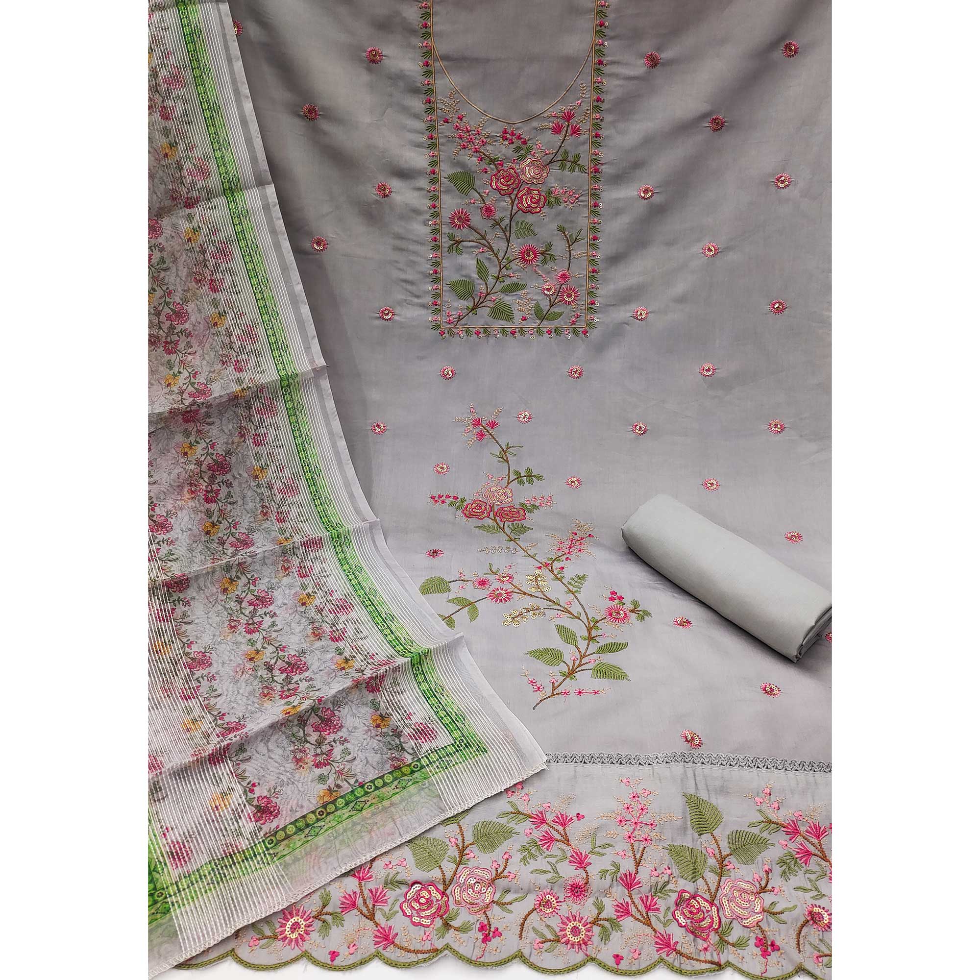Grey Floral Sequins Embroidered Roman Cotton Silk Dress Material - Image 3
