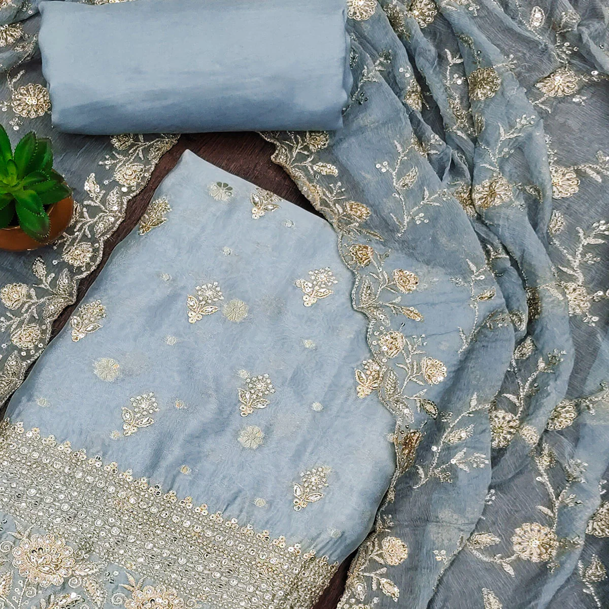 Grey Floral Sequins Embroidered With Stonework Organza Dress Material - Image 2