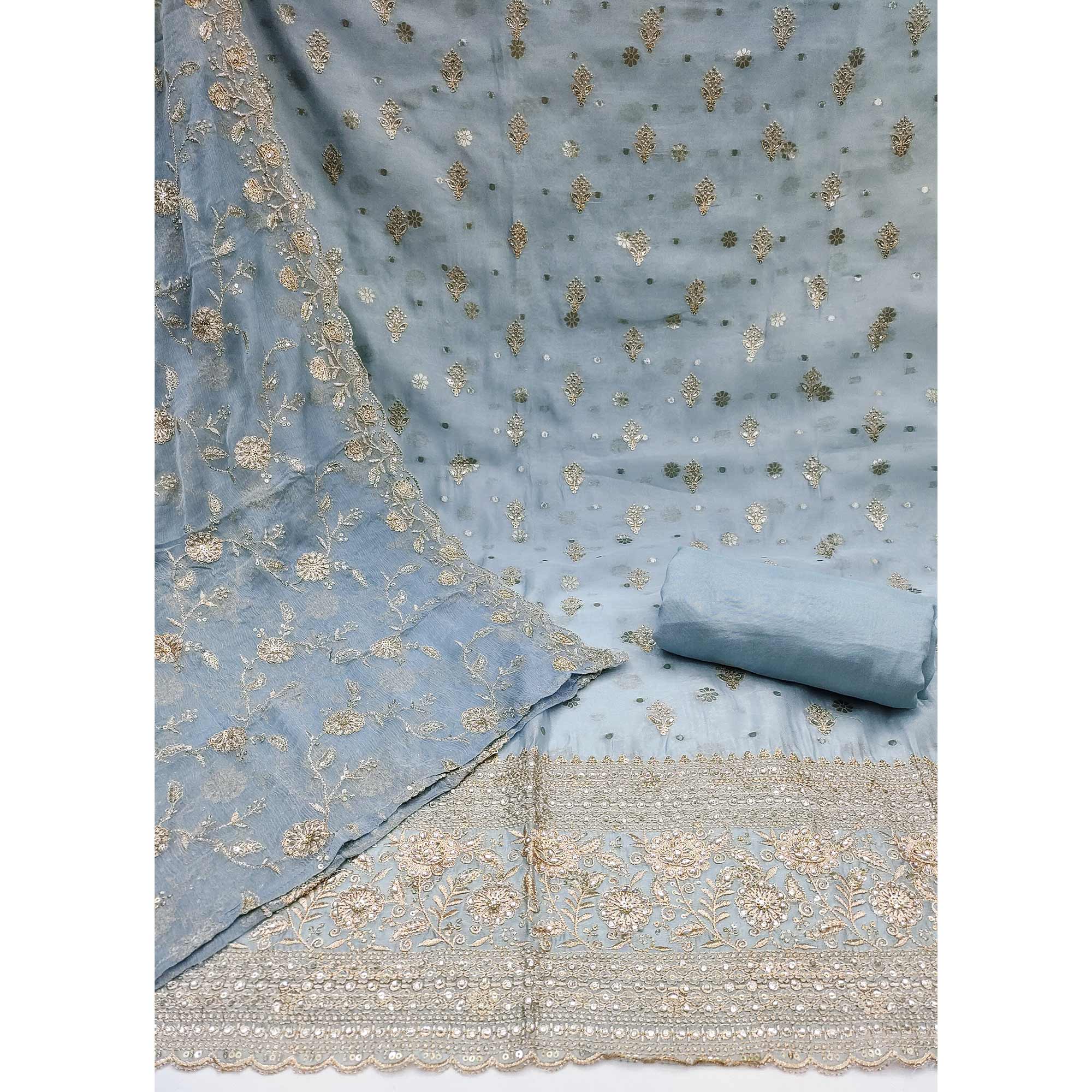 Grey Floral Sequins Embroidered With Stonework Organza Dress Material - Image 3