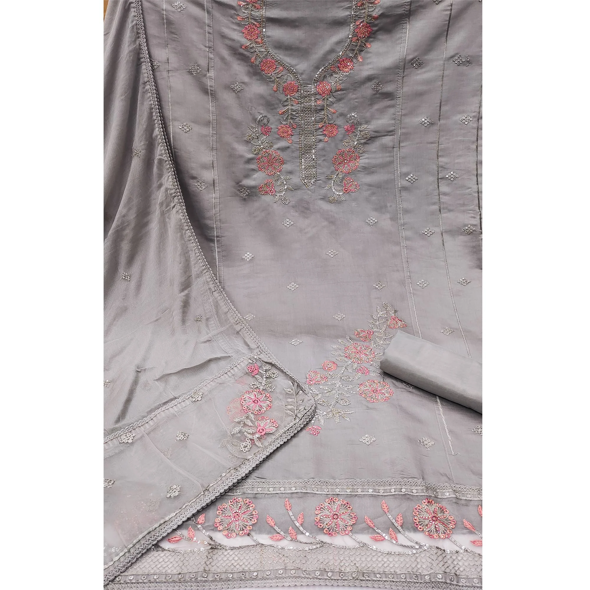 Grey Floral Sequins Embroidered With Stonework Roman Cotton Silk Dress Material - Image 3