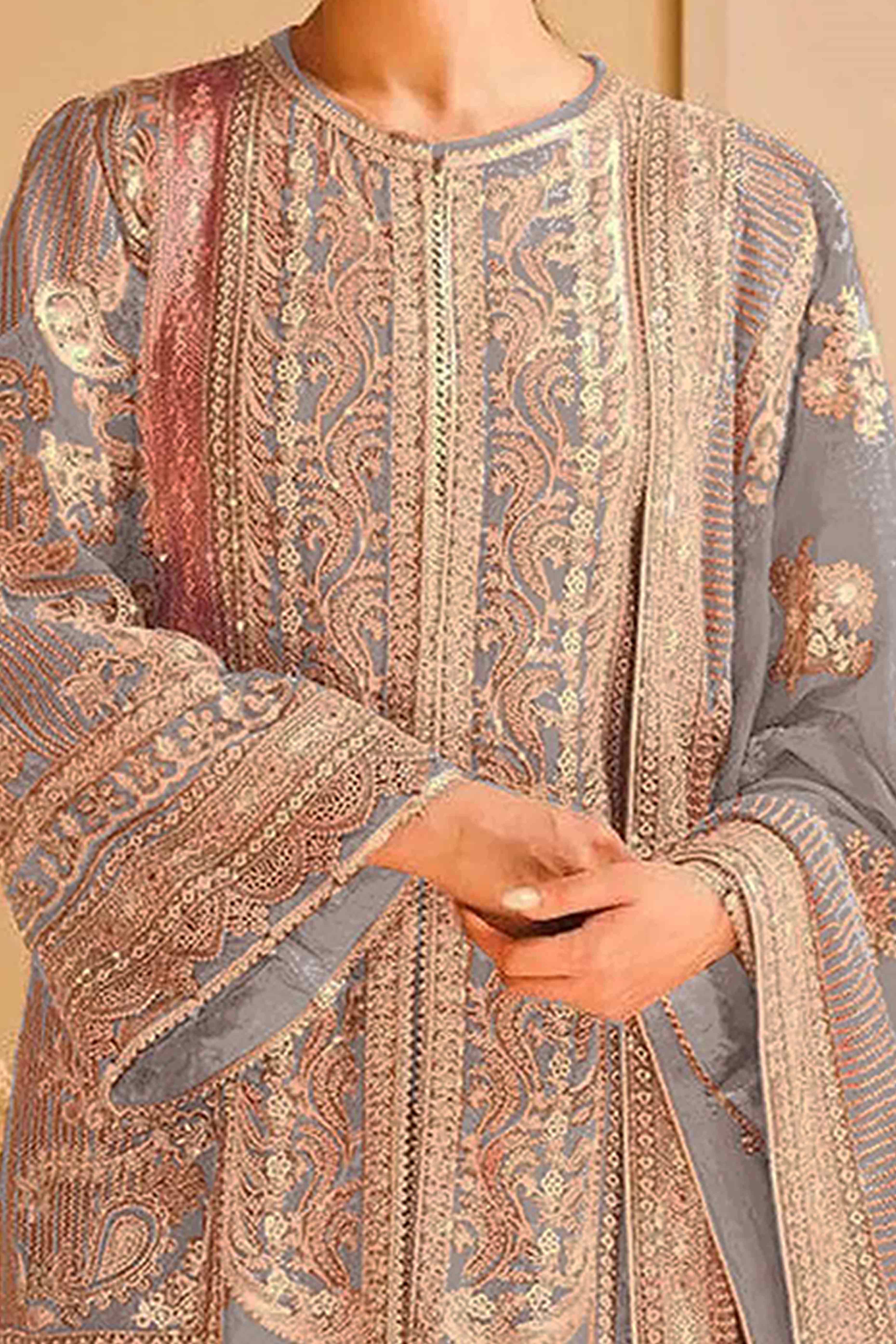 Grey Floral Sequins Embroidery Georgette Semi Stitched Pakistani Suit - Image 2