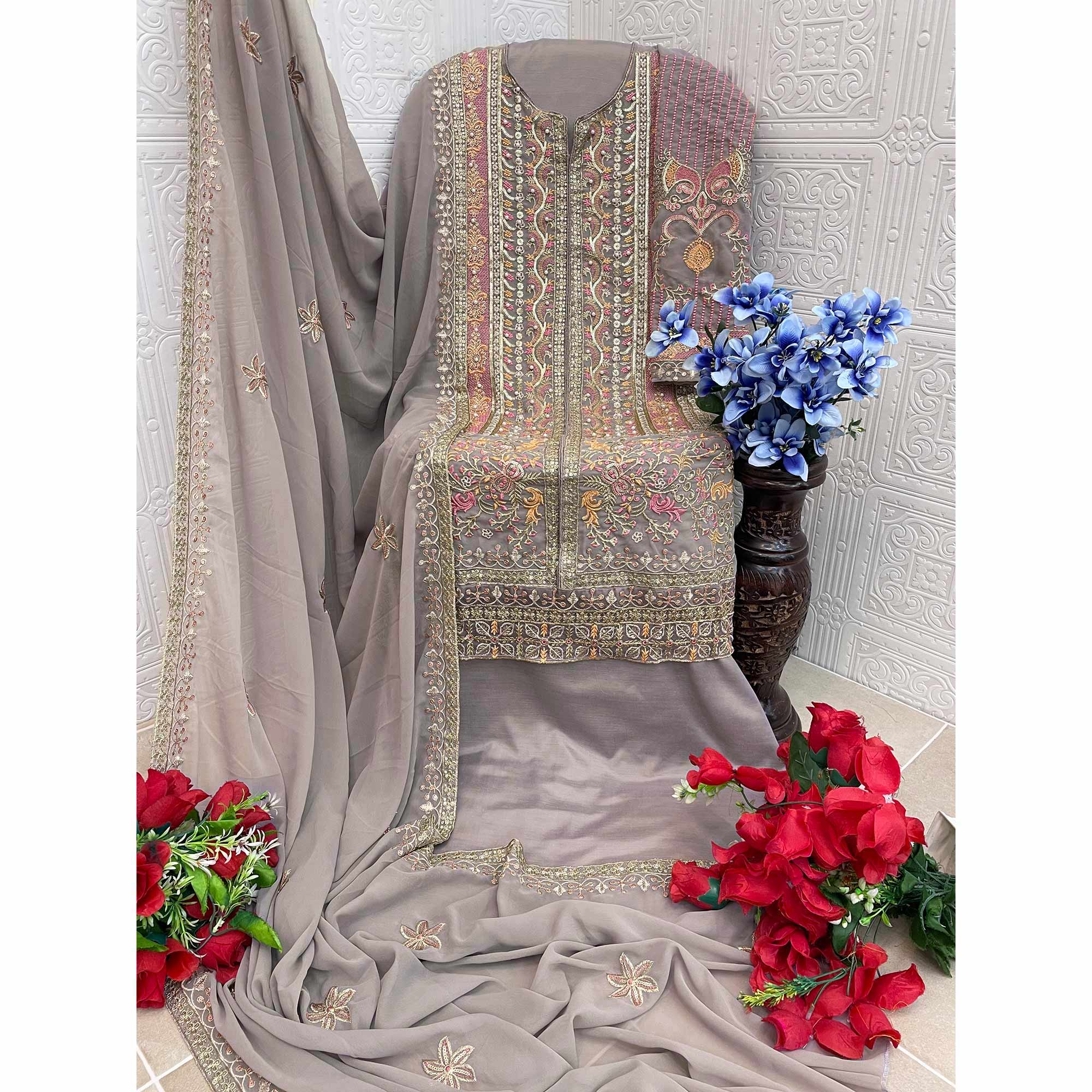 Grey Floral Sequins Embroidery Georgette Semi Stitched Pakistani Suit - Image 4