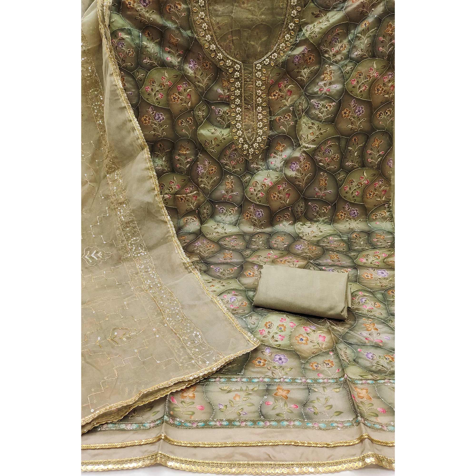 Grey Floral Sequins Embroidery With Handwork Organza Dress Material - Image 4