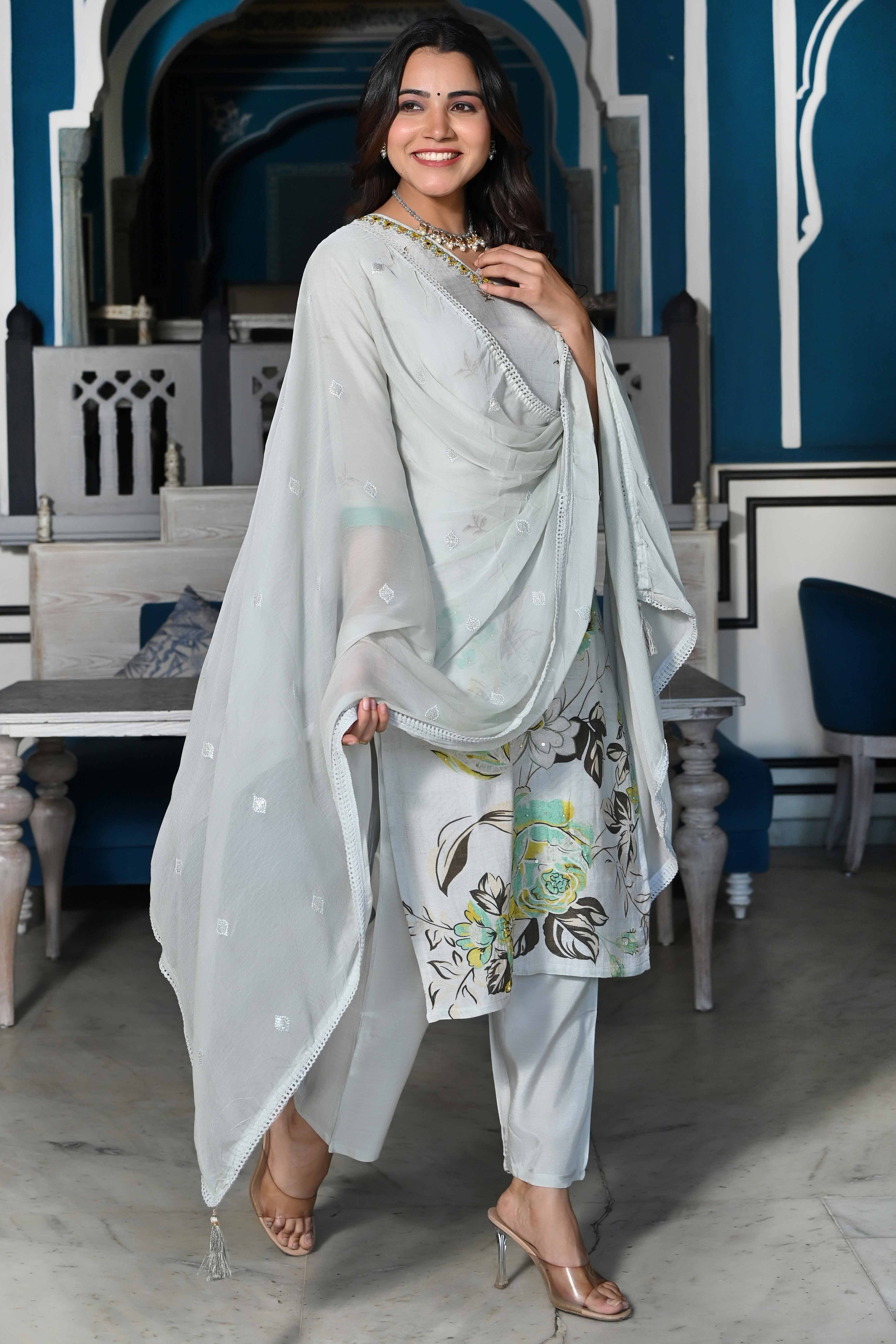 Grey Floral With Beads Work Printed Muslin Salwar Suit - Image 3