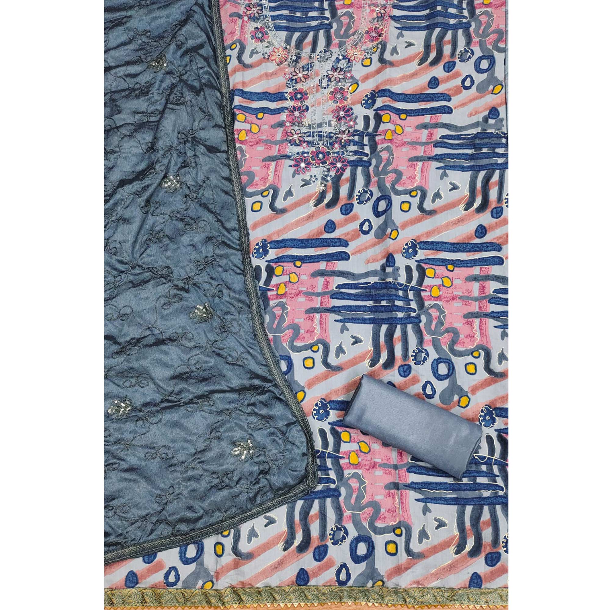 Grey Foil Printed Pure Cotton Dress Material - Image 4