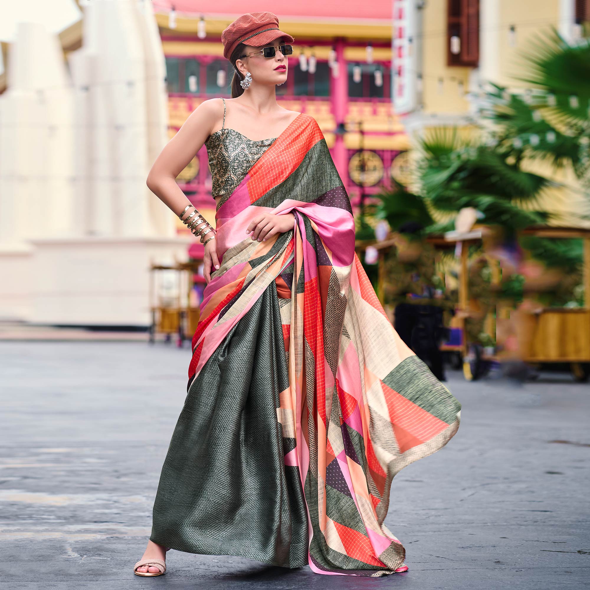 Grey Geometric Digital Printed Pure Satin Saree - Image 2