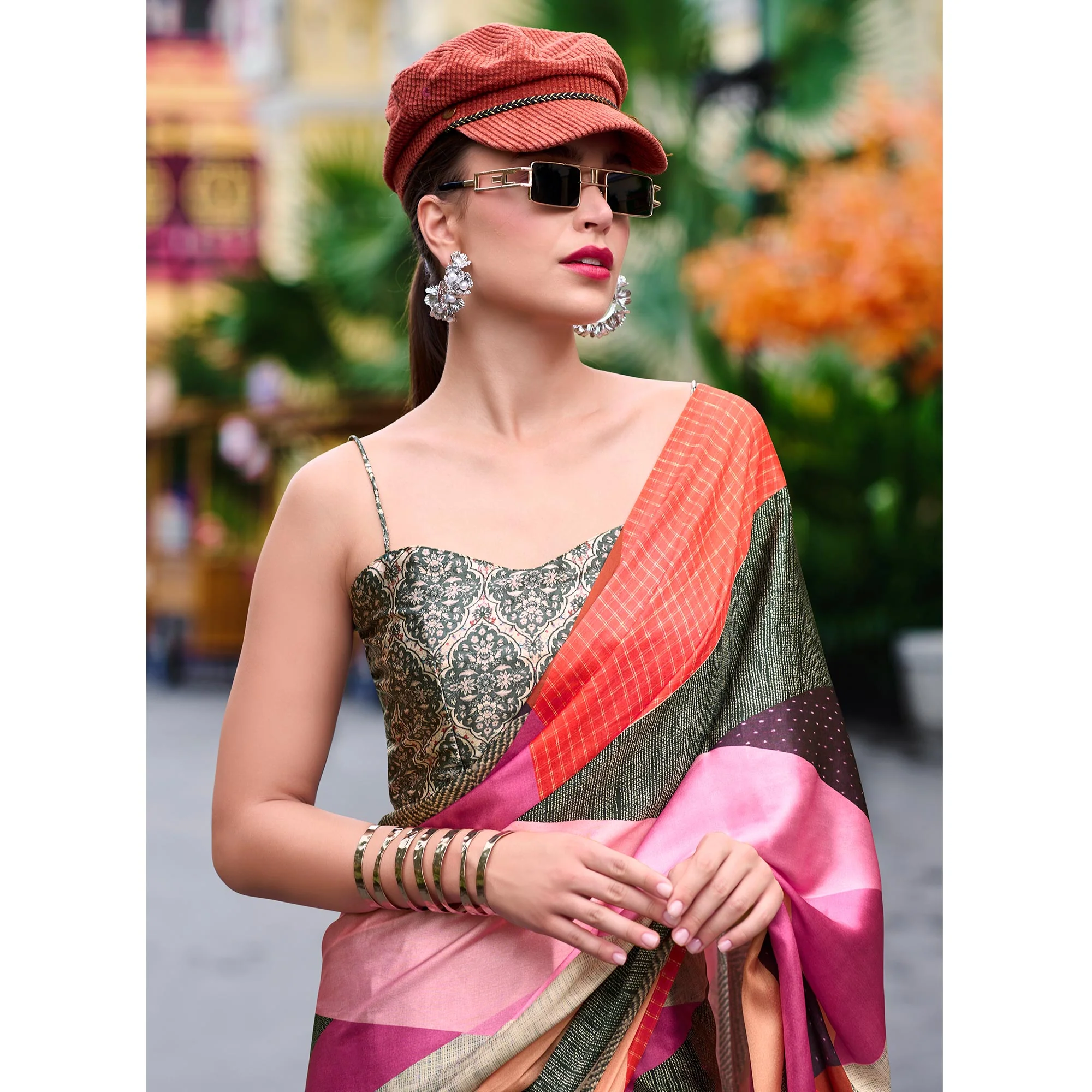 Grey Geometric Digital Printed Pure Satin Saree - Image 4