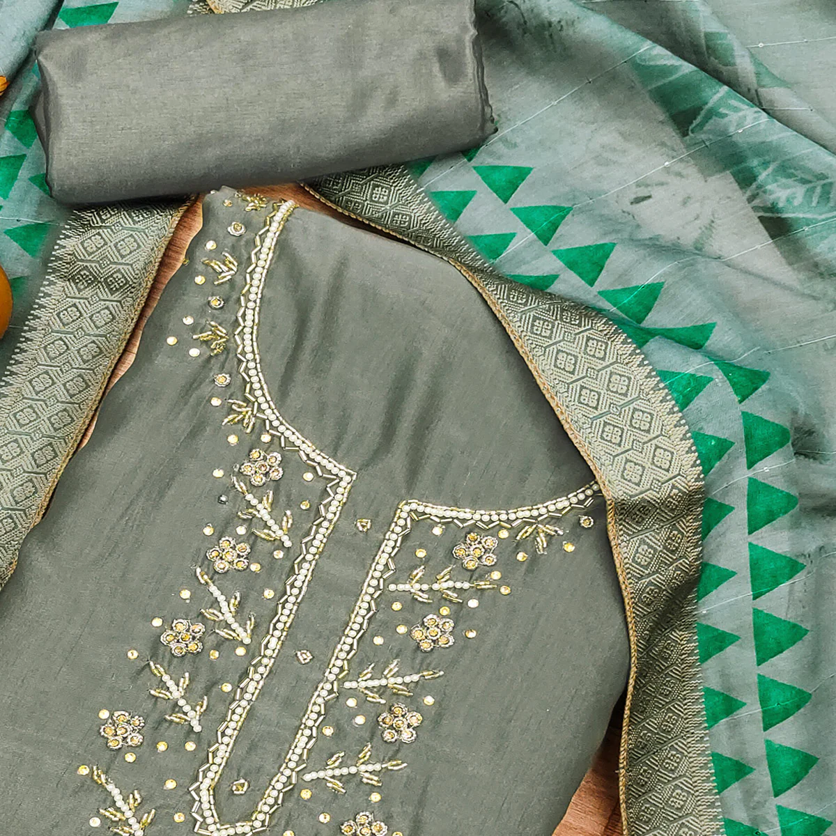 Grey Handwork Simmer Jacquard Dress Material - Image 2
