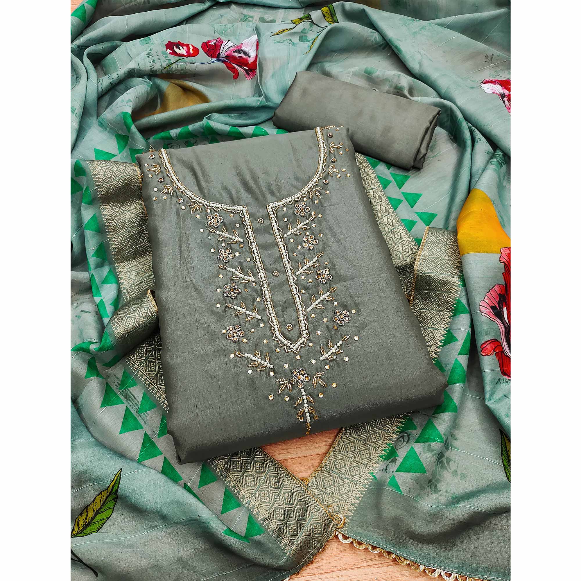 Grey Handwork Simmer Jacquard Dress Material - Image 3