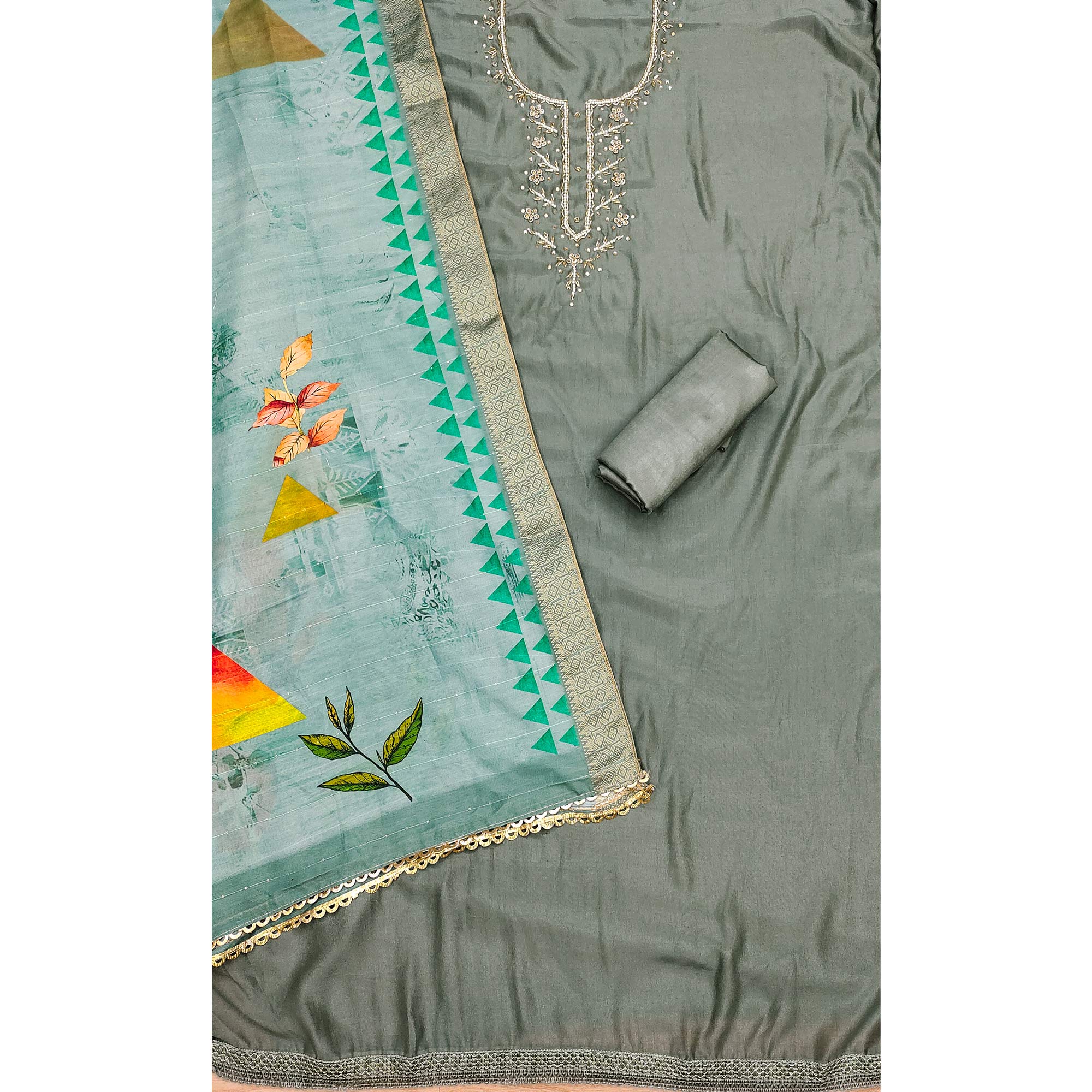 Grey Handwork Simmer Jacquard Dress Material - Image 4