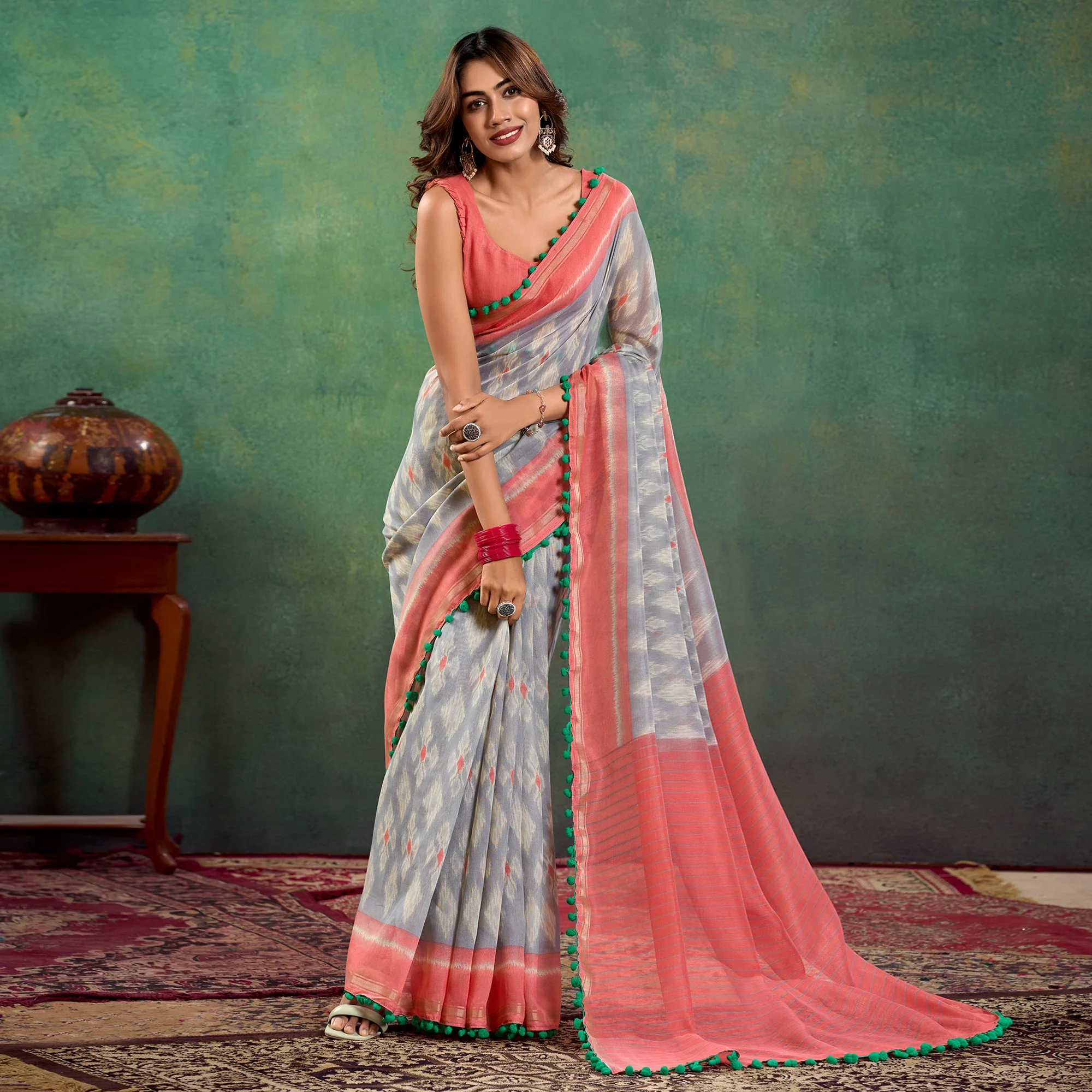 Grey Ikkat Printed Mul Mul Cotton Saree - Image 2