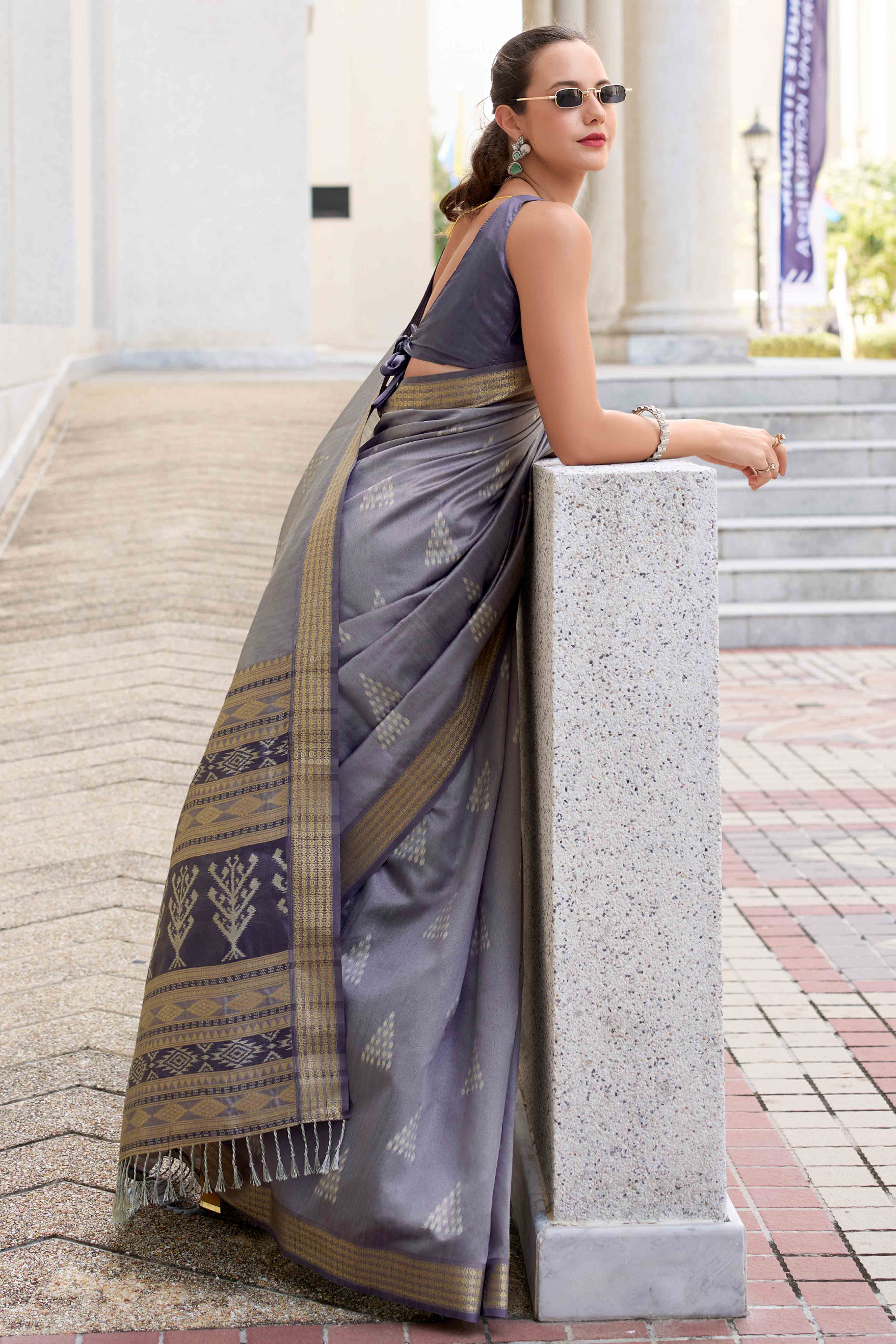 Grey Ikkat Woven Rayon Silk Saree - Image 3