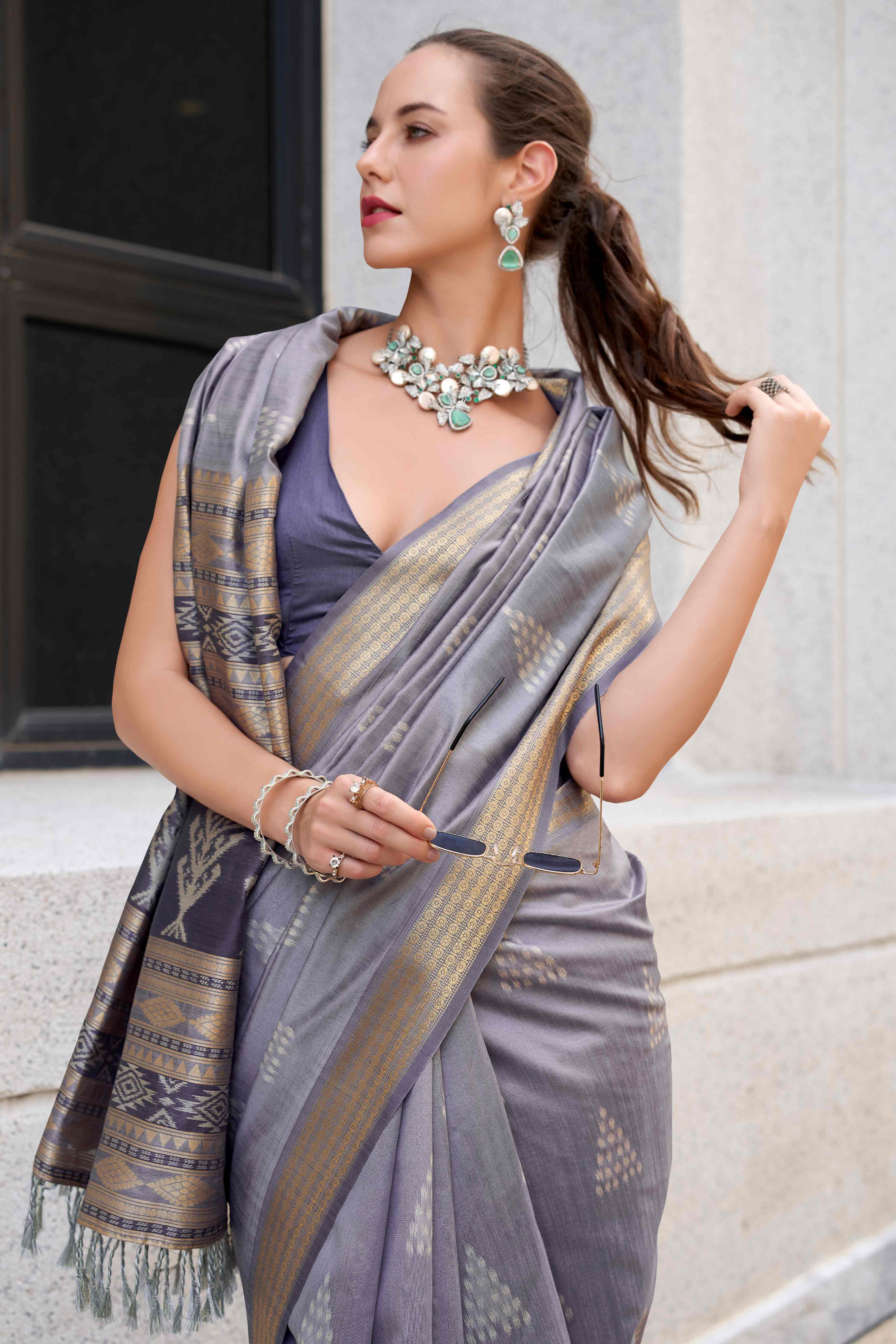 Grey Ikkat Woven Rayon Silk Saree - Image 4