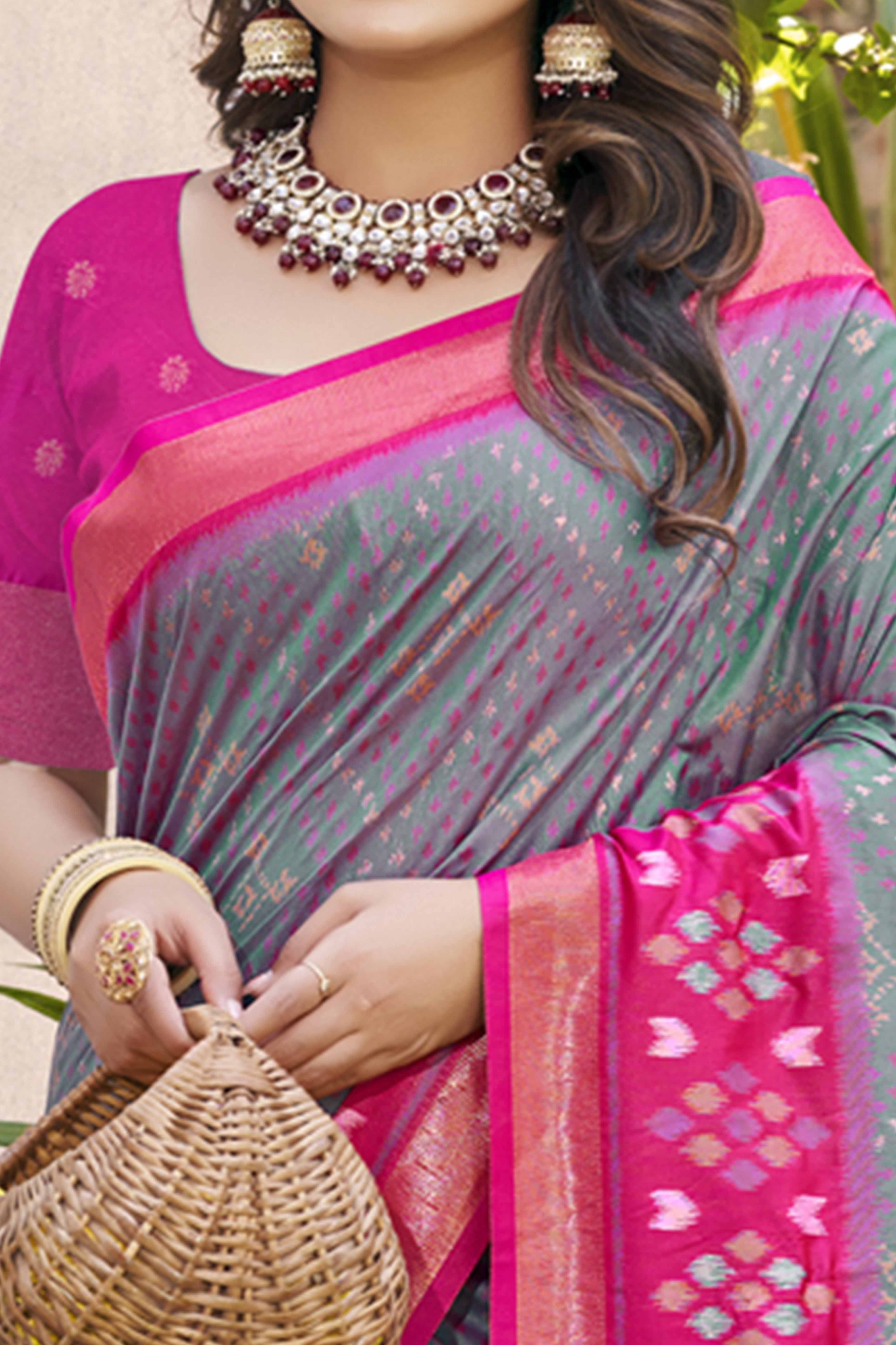 Grey Ikkat Woven Silk Saree for Festive Celebrations - Image 2