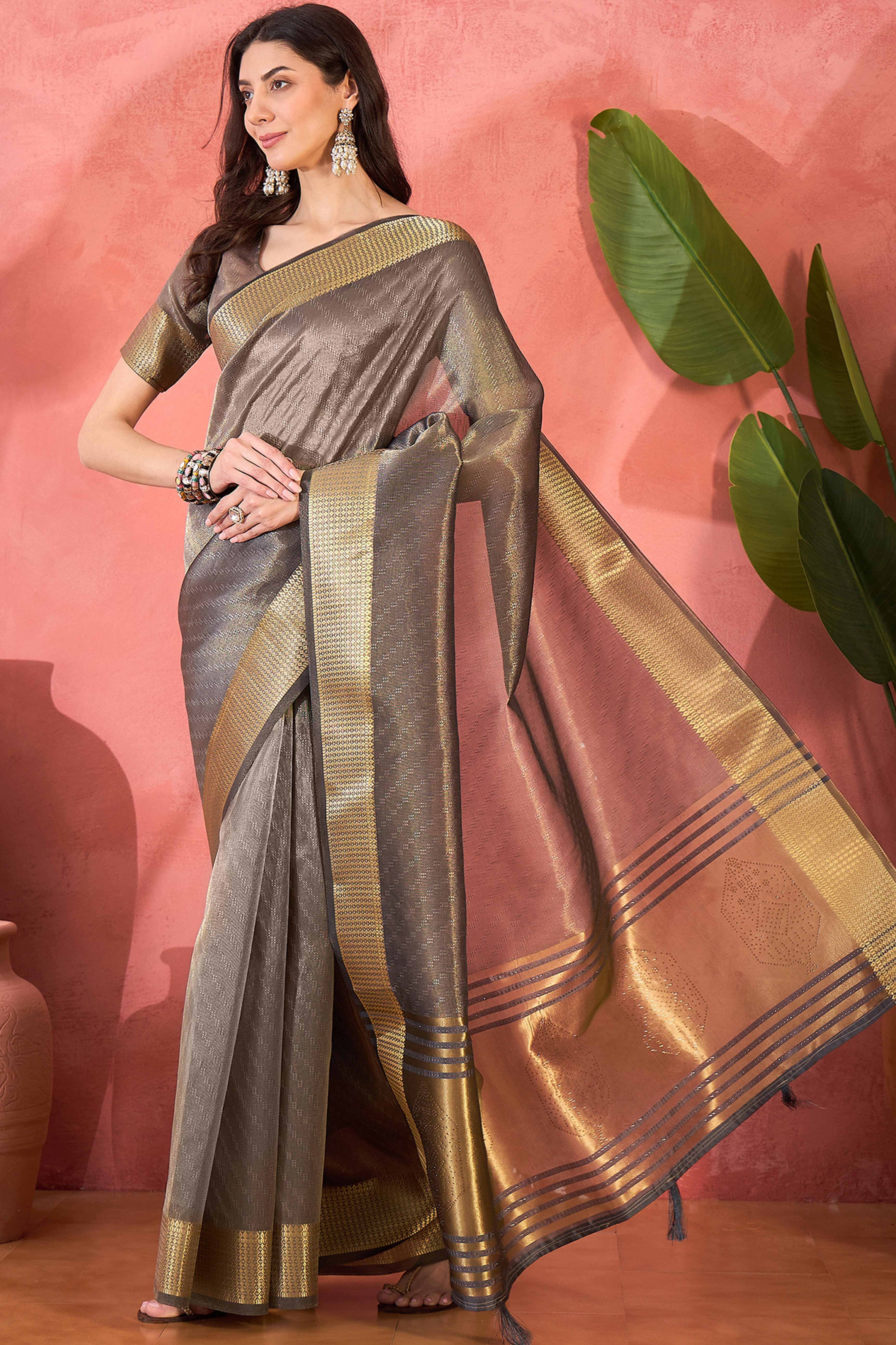 Grey Khadi Organza Saree Intricate Weaving & Sparkling Stonework With Tassel Pallu - Image 3
