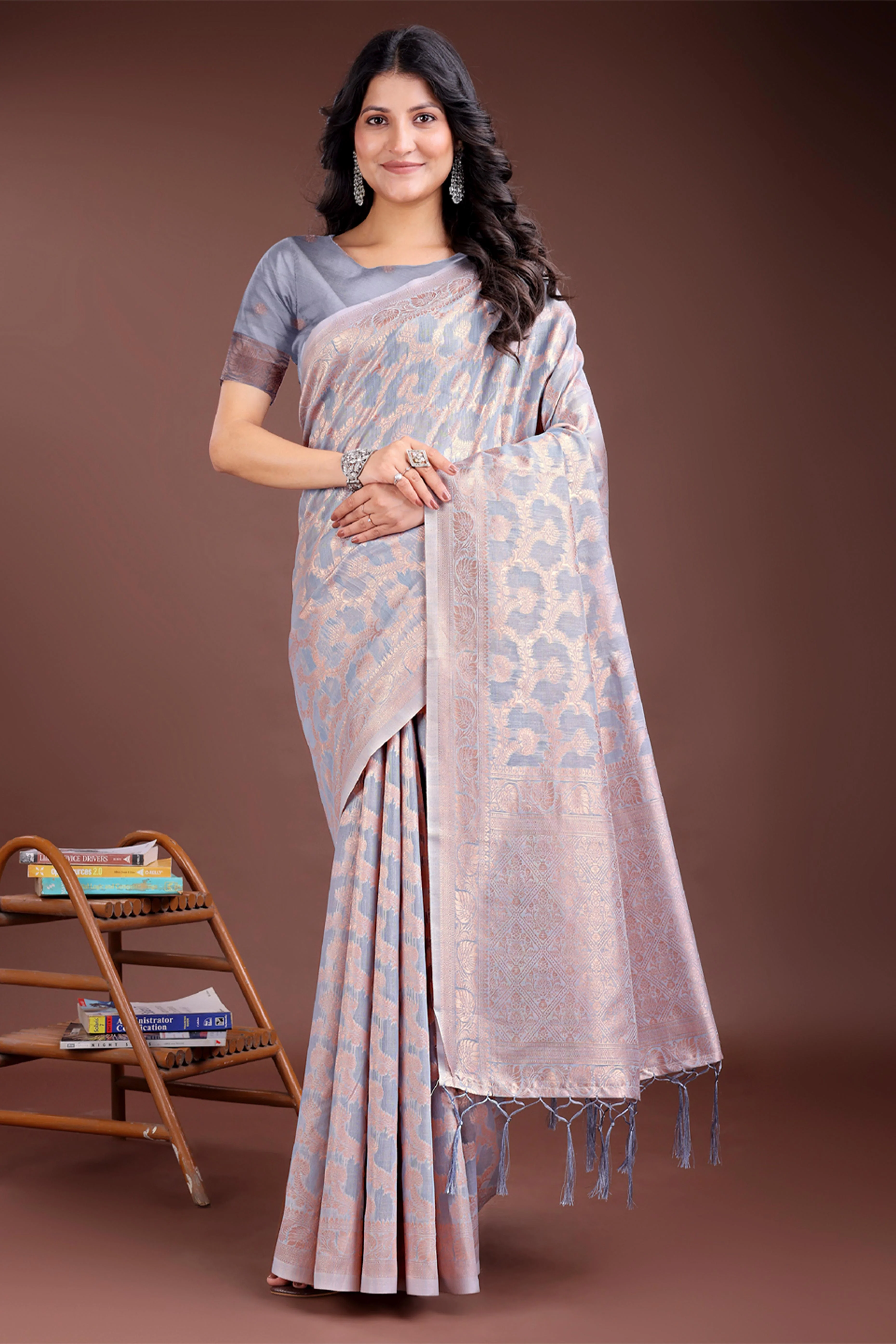 Grey Linen Cotton Saree with Lustrous Zari Borders and Elegant Tassel Accents - Image 3