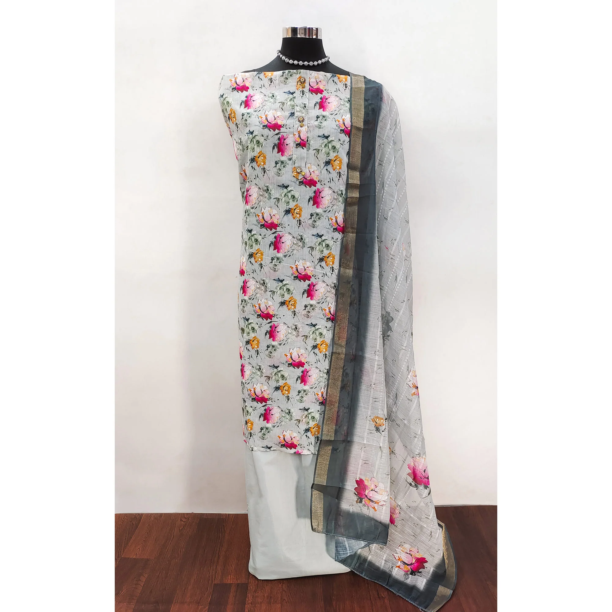Grey Linen Dress Material With Delicate Floral Print - Image 3