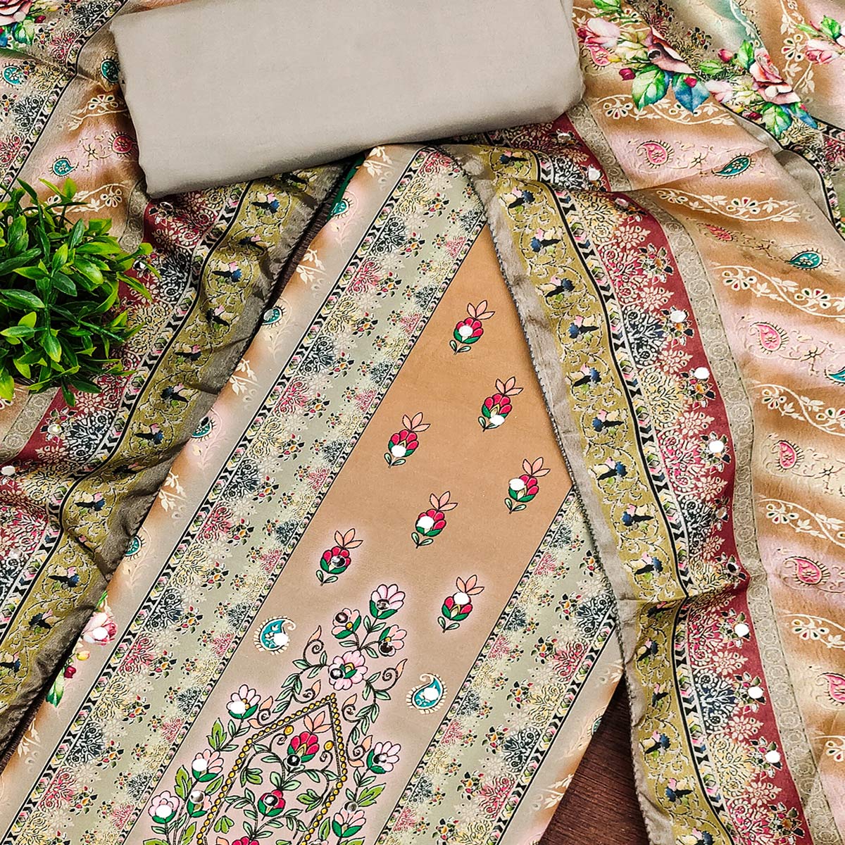Grey Muslin Dress Material Featuring Graceful Floral Digital Print Embellished With Mirror Work - Image 2