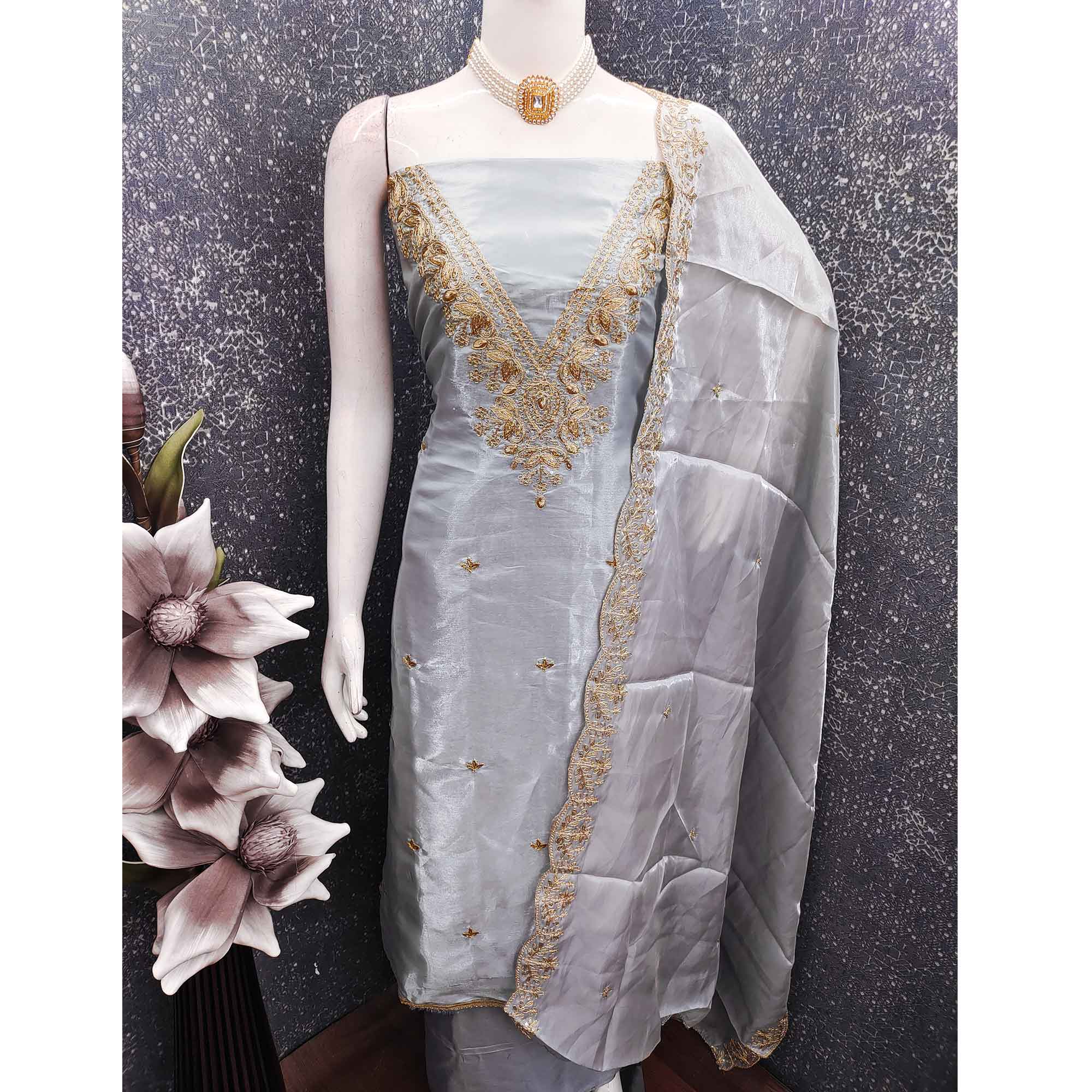Grey Organza Dress Material With Elegant Thread Embroidery - Image 5