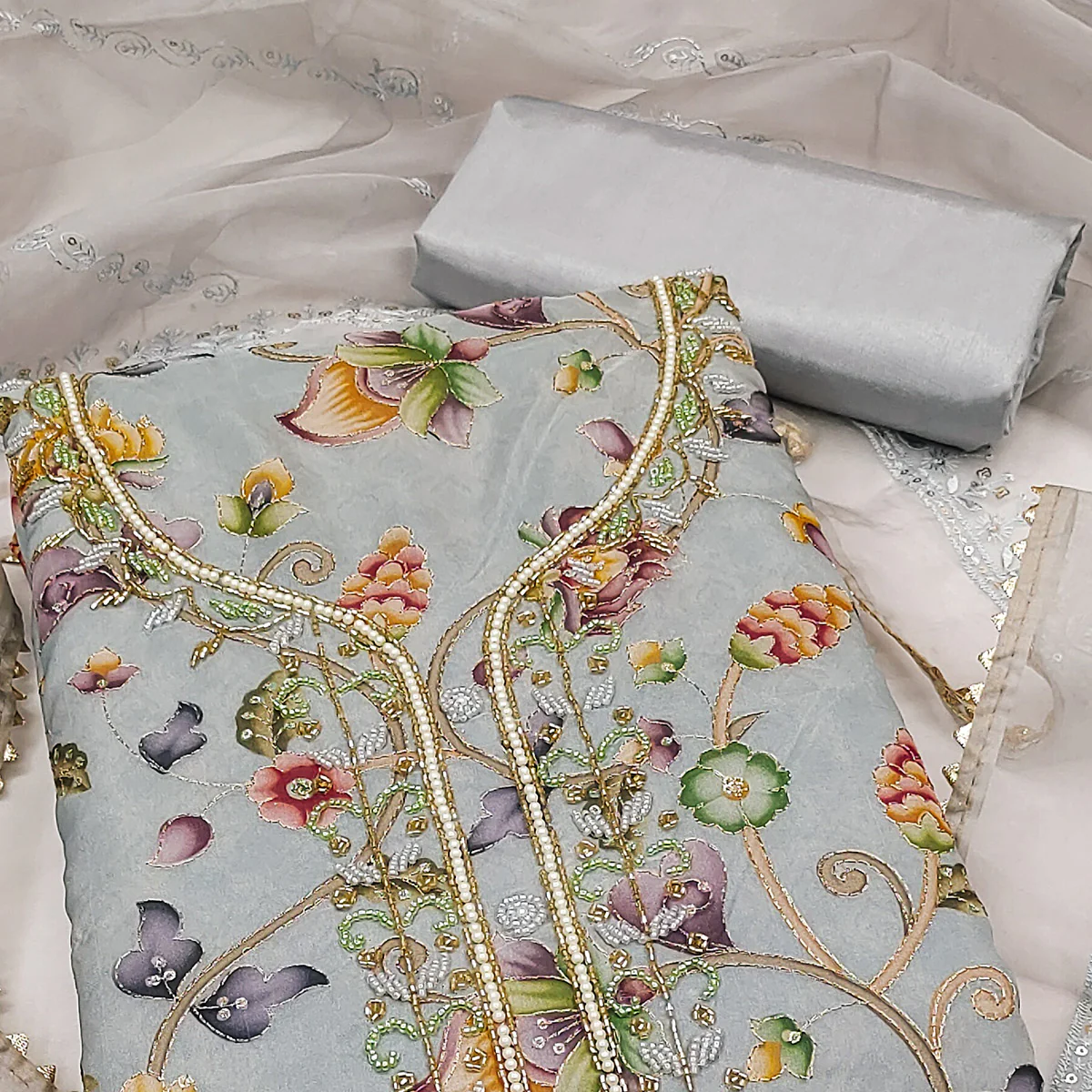 Grey Organza Dress Material With Graceful Floral Print With Handwork Detailing - Image 2