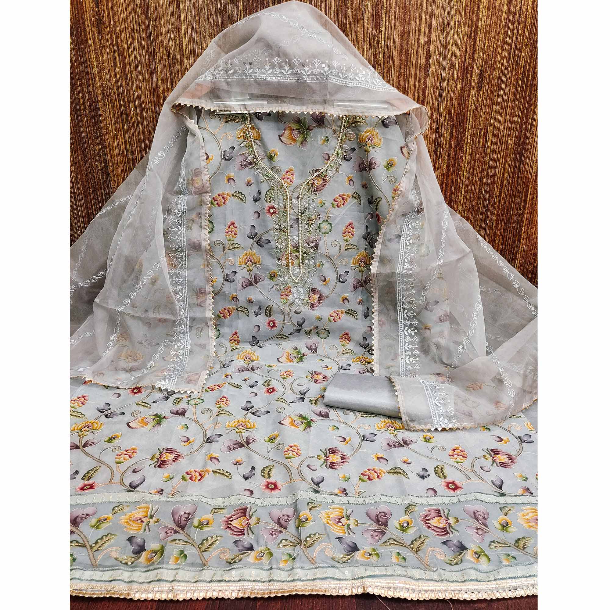 Grey Organza Dress Material With Graceful Floral Print With Handwork Detailing - Image 3