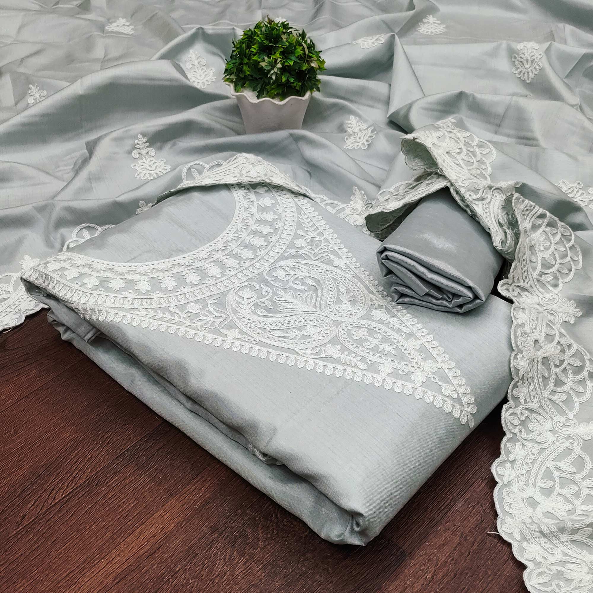 Grey Paisley Floral Embroidered Art Silk Dress Material - Image 3
