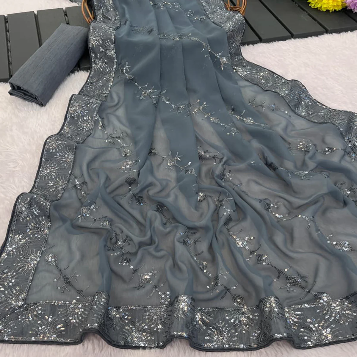 Grey Premium Vichitra Silk Saree Adorned with Shimmering Sequins Work - Image 2