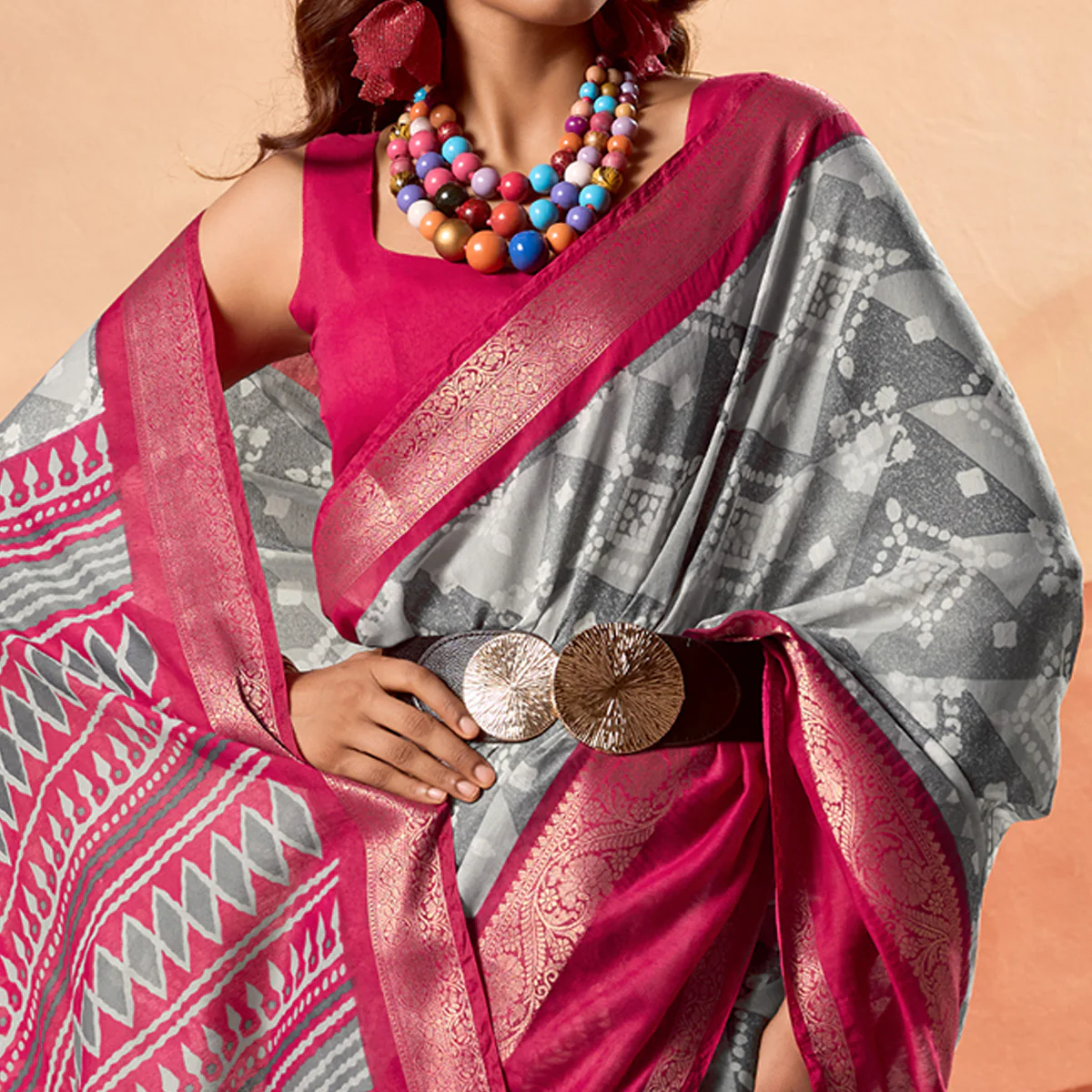 Grey Printed Cotton Silk Saree With Zari Border - Image 2