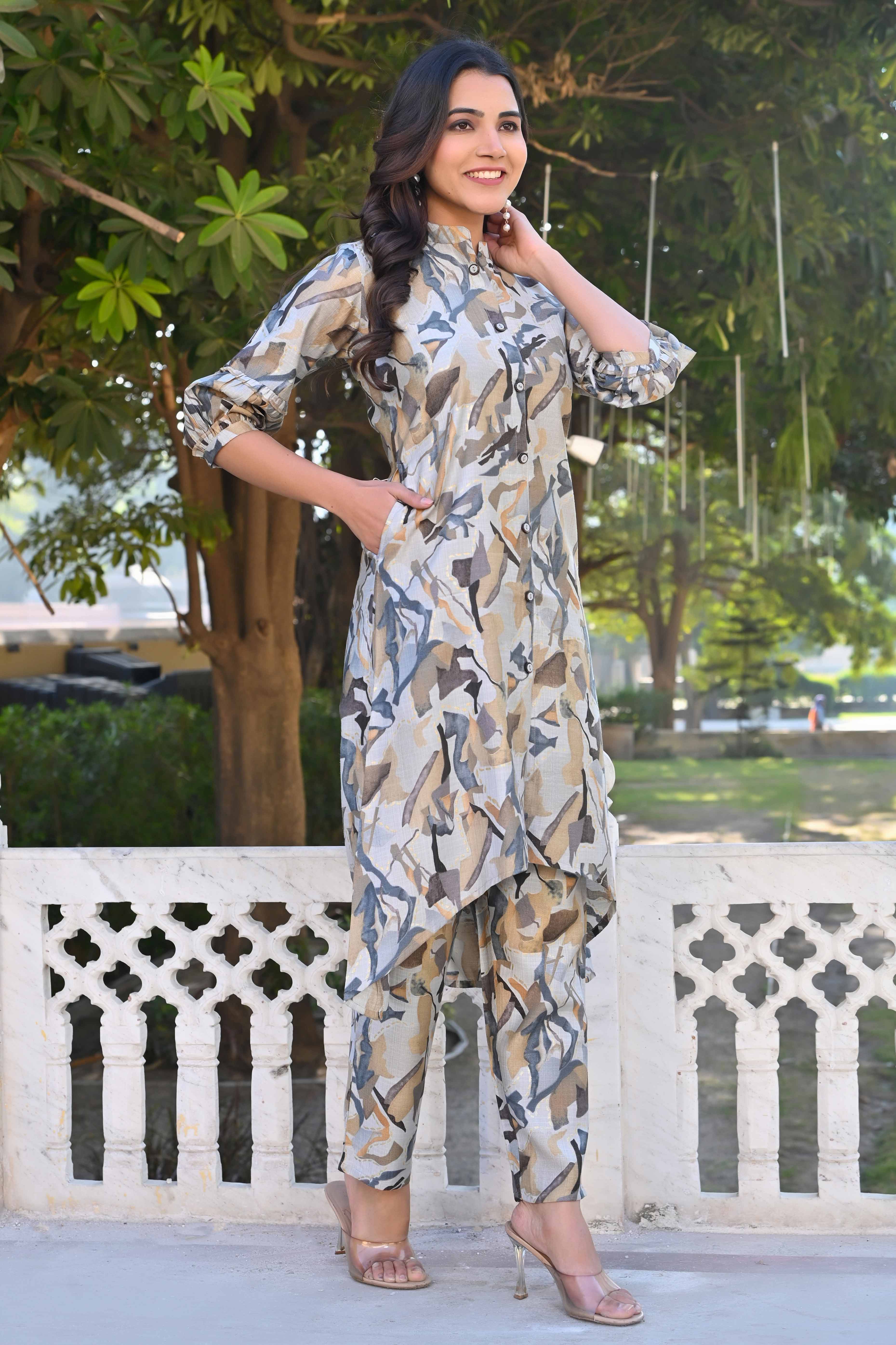 Grey Printed Heavy Viscose A-Line Co-Ord Set - Image 4