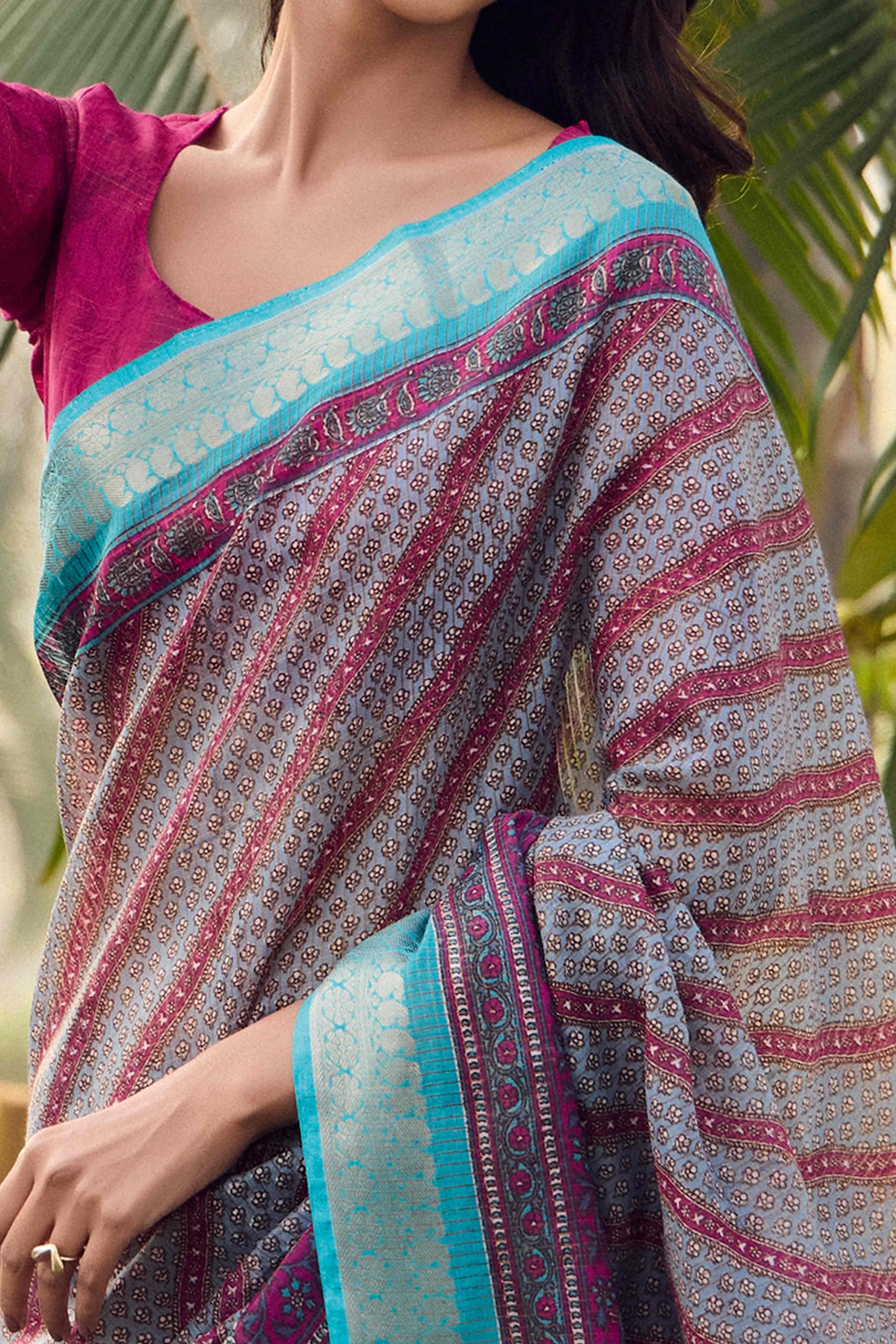 Grey Printed Mulmul Cotton Saree With Jacquard Border - Image 2
